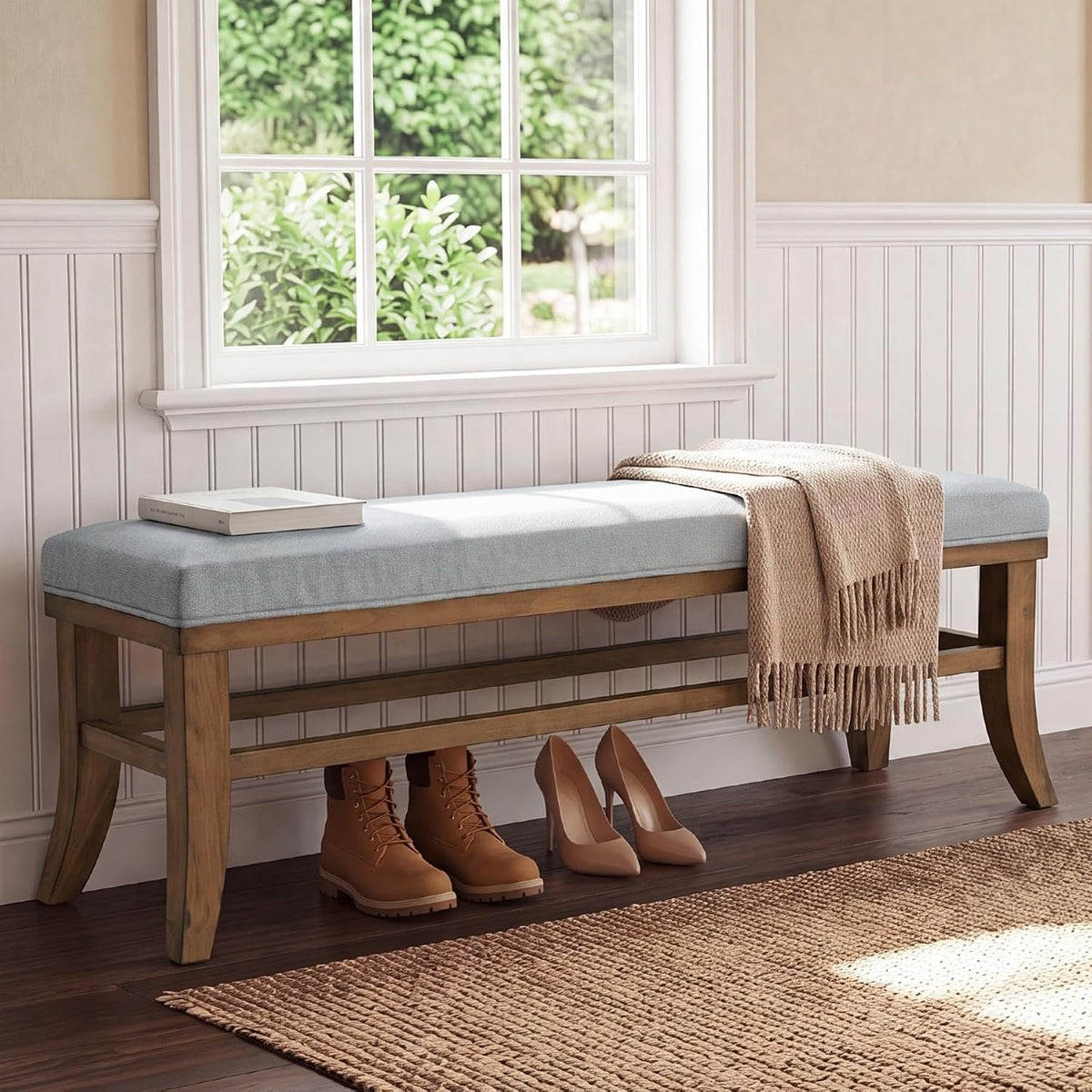 Tribesigns Gepolsterte Sitzbank 140 cm aus Massivholz, Bettbank im Landhausstil