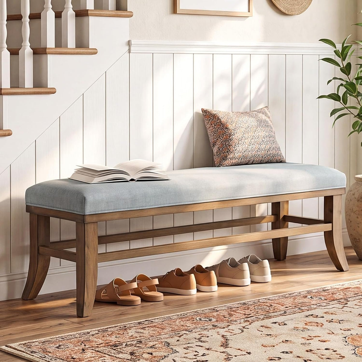 Tribesigns Gepolsterte Sitzbank 140 cm aus Massivholz, Bettbank im Landhausstil