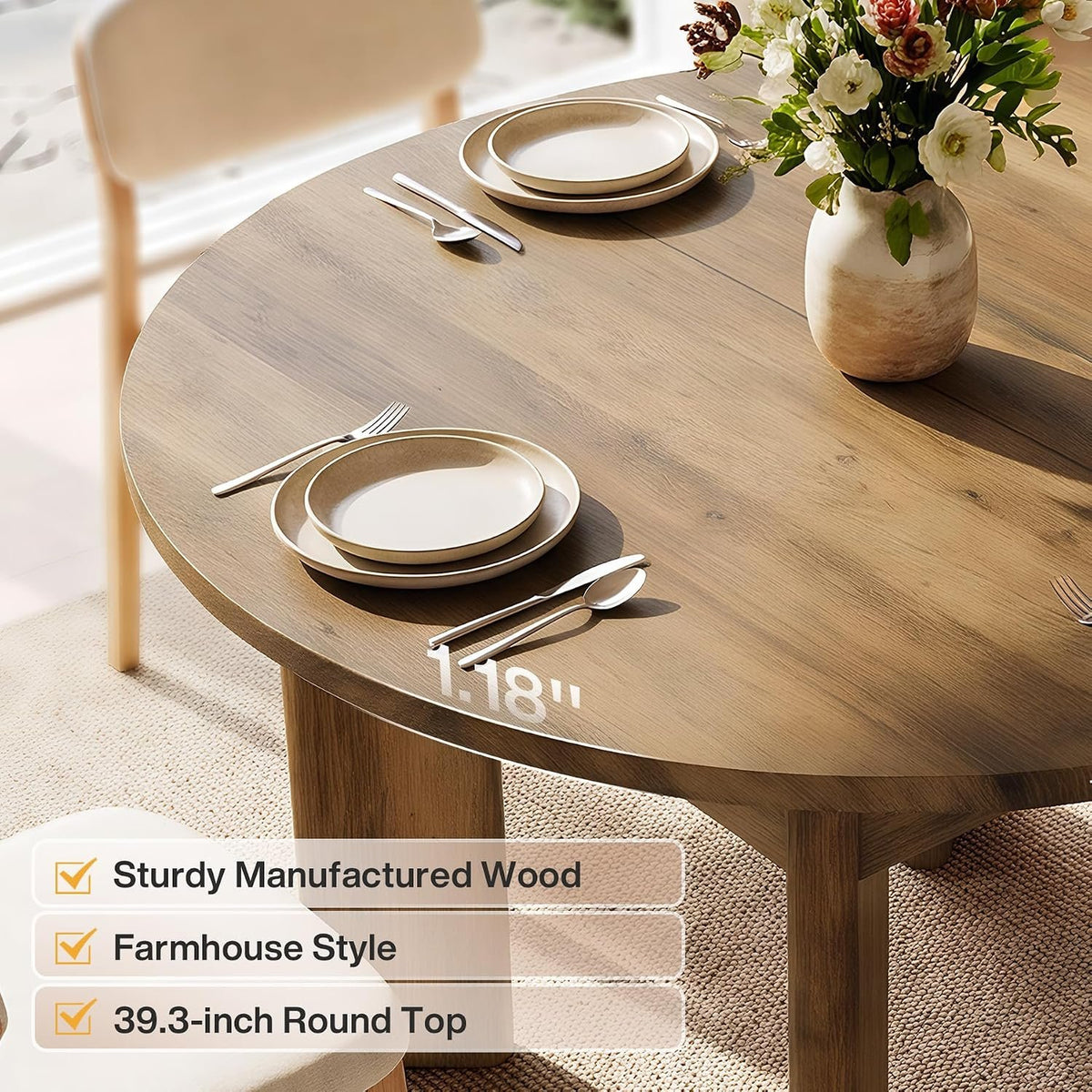 Tribesigns Runder Esstisch 100 cm für 4 Personen, kleiner Küchentisch im Landhausstil