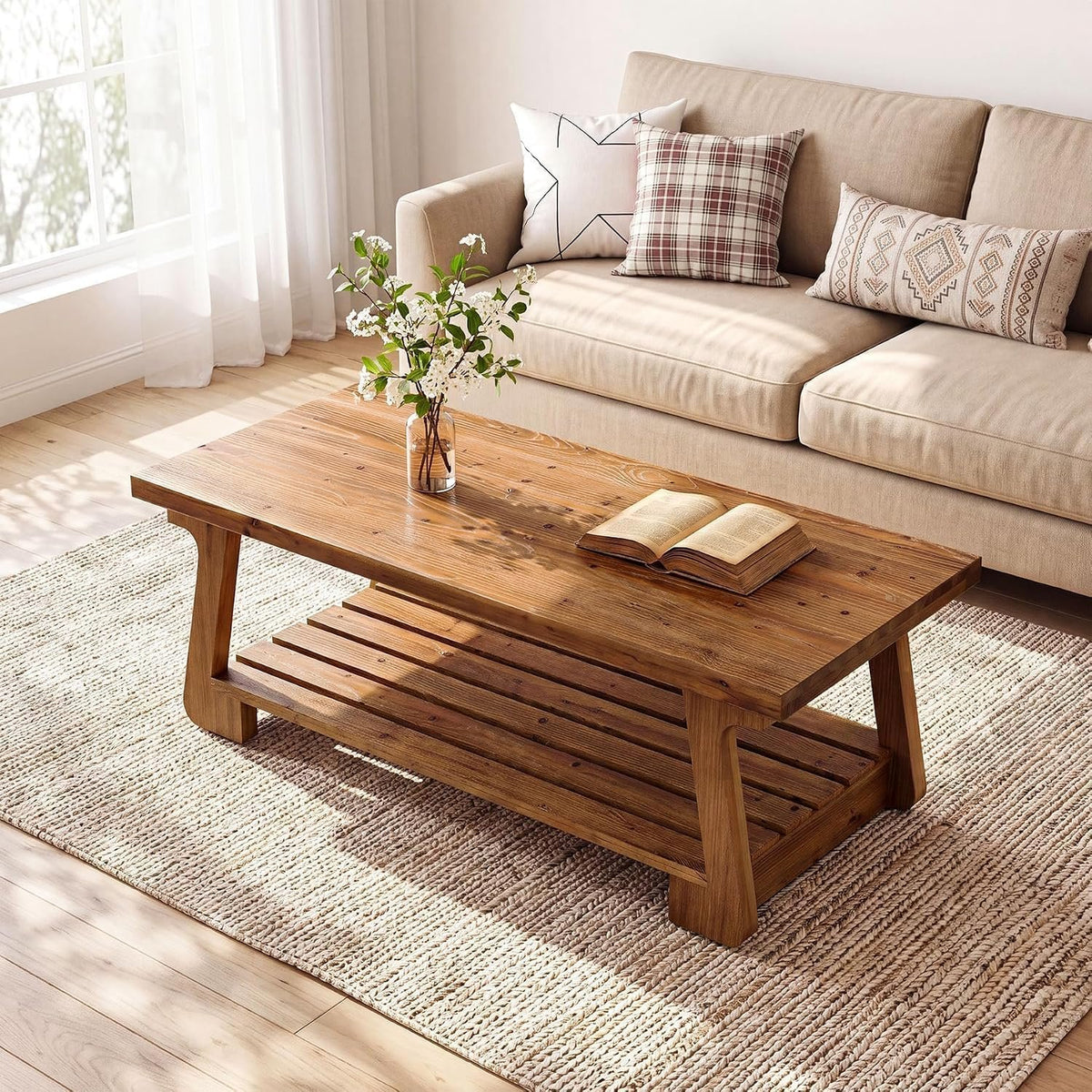 Tribesigns Massivholz Couchtisch mit 2 Ebenen, Wohnzimmertisch im Landhausstil