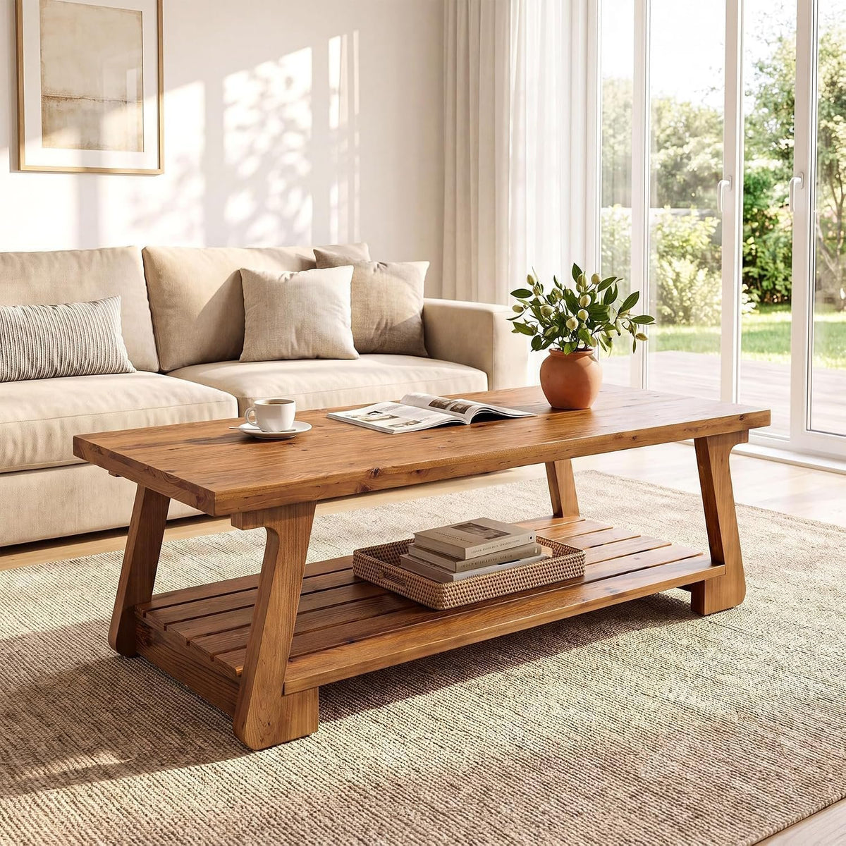 Tribesigns Massivholz Couchtisch mit 2 Ebenen, Wohnzimmertisch im Landhausstil