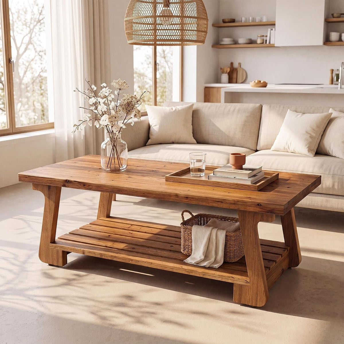 Tribesigns Massivholz Couchtisch mit 2 Ebenen, Wohnzimmertisch im Landhausstil