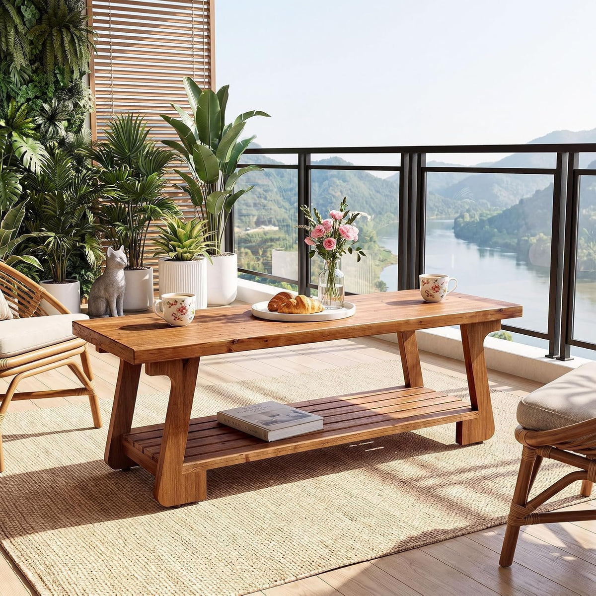 Tribesigns Massivholz Couchtisch mit 2 Ebenen, Wohnzimmertisch im Landhausstil