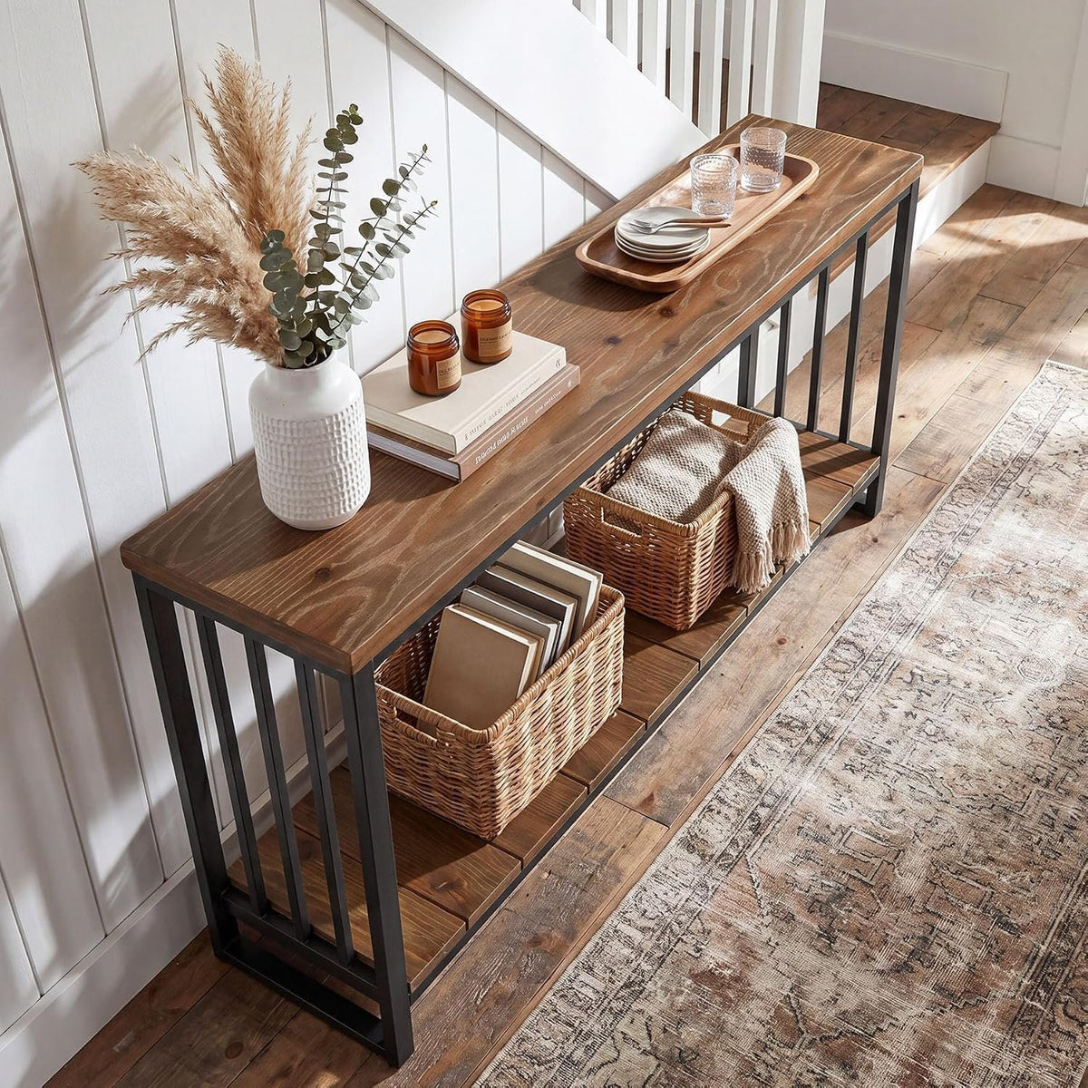 Tribesigns Massivholz Konsolentisch 140 cm, schmaler Flurtisch im Landhausstil mit Ablage