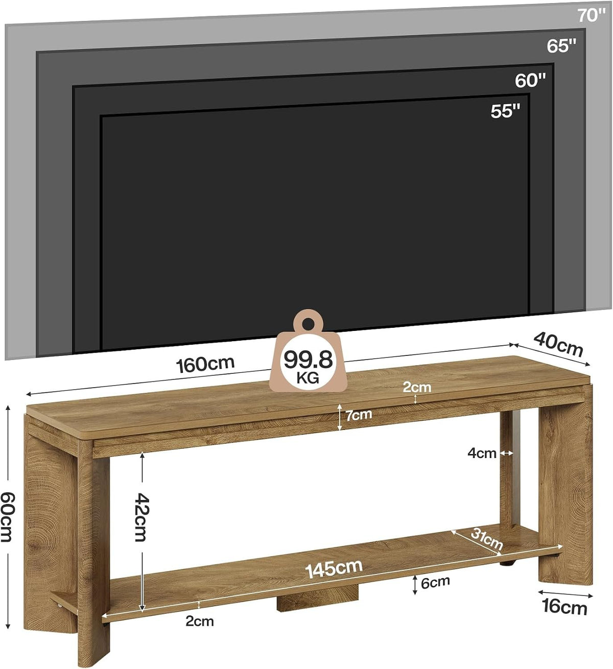 Tribesigns TV-Lowboard 160 cm für 55–70 Zoll, Landhausstil mit Ablage