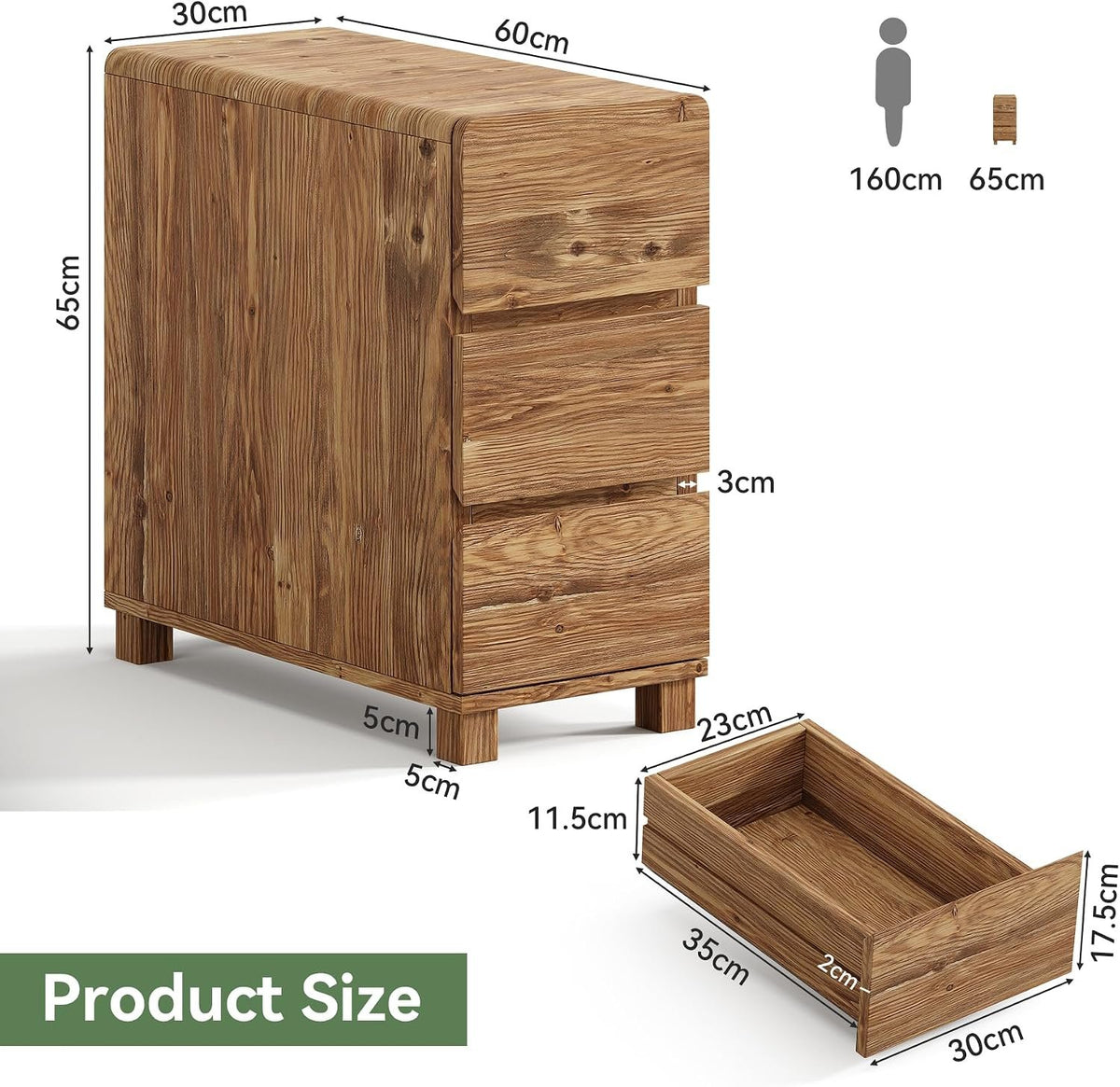 Tribesigns Massivholz Beistellschrank mit 3 Schubladen, 60 x 30 cm im Landhausstil