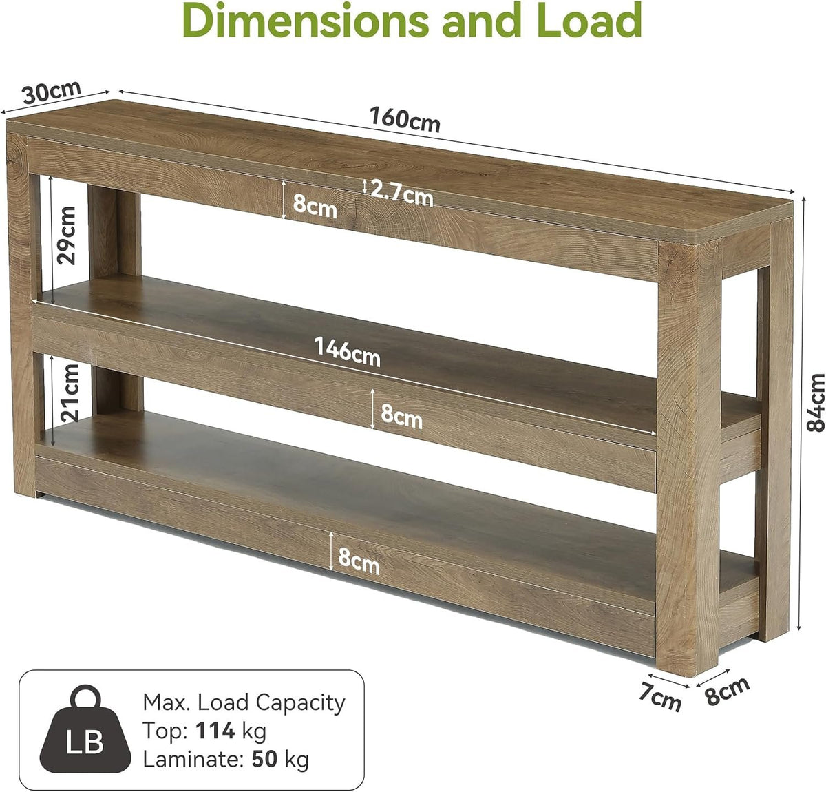 Tribesigns Konsolentisch 160 cm mit 3 Ablagen, schmal in Holzoptik