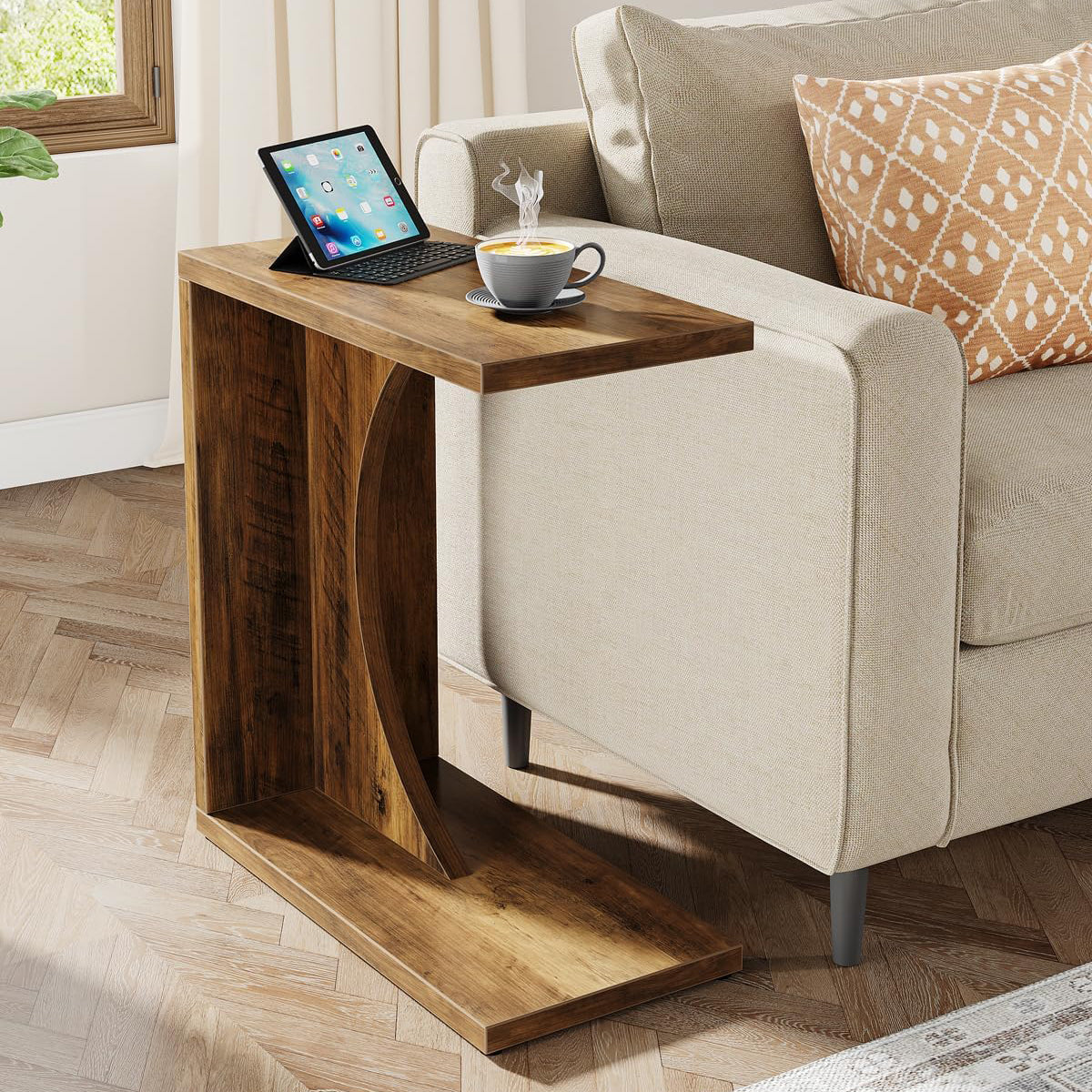 C-förmiger Beistelltisch - 60×30×65 cm rustikaler Sofatisch