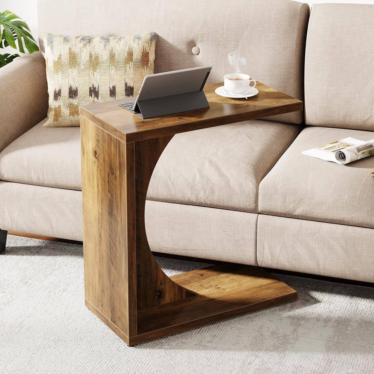 C-förmiger Beistelltisch - 60×30×65 cm rustikaler Sofatisch