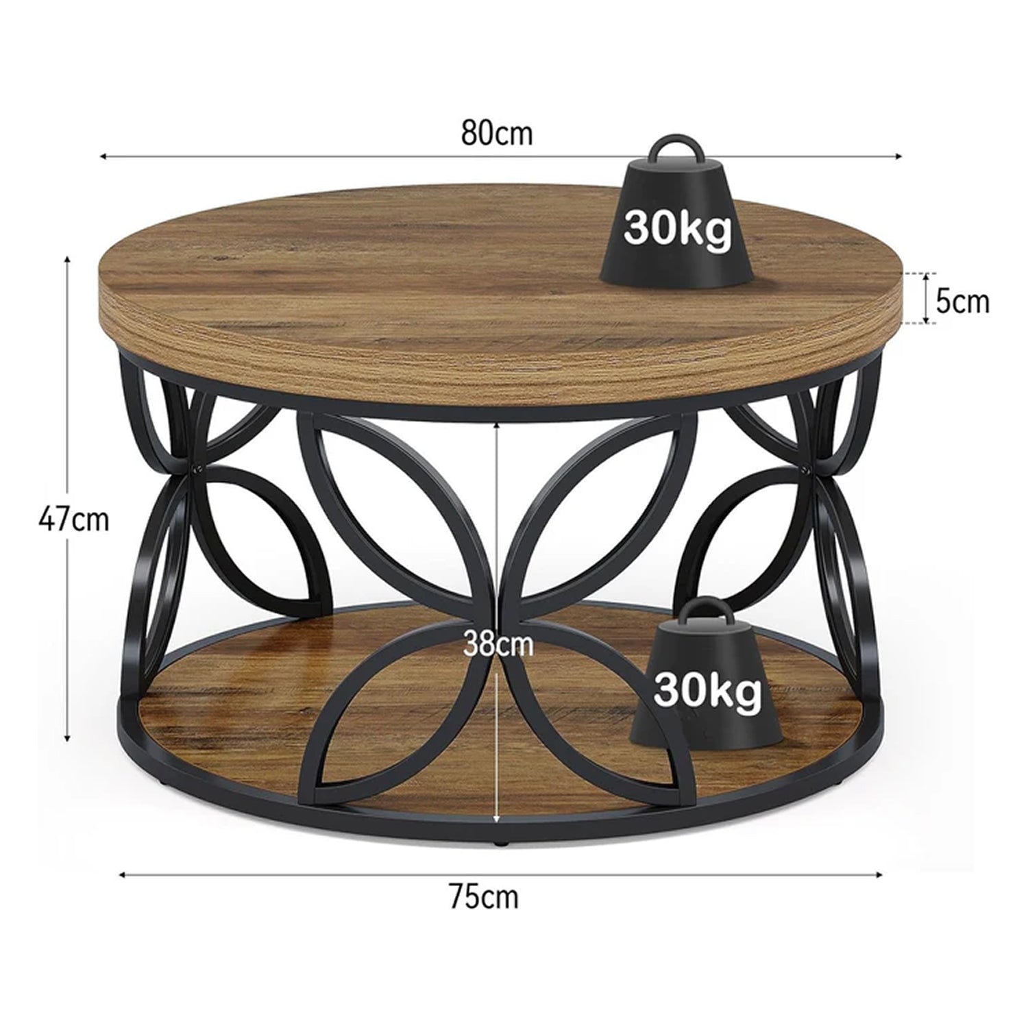 Runder 80 cm Couchtisch mit Stauraum, 2-Ebenen Wohnzimmertisch in Rustikaler Holzoptik und schwarzem Metall