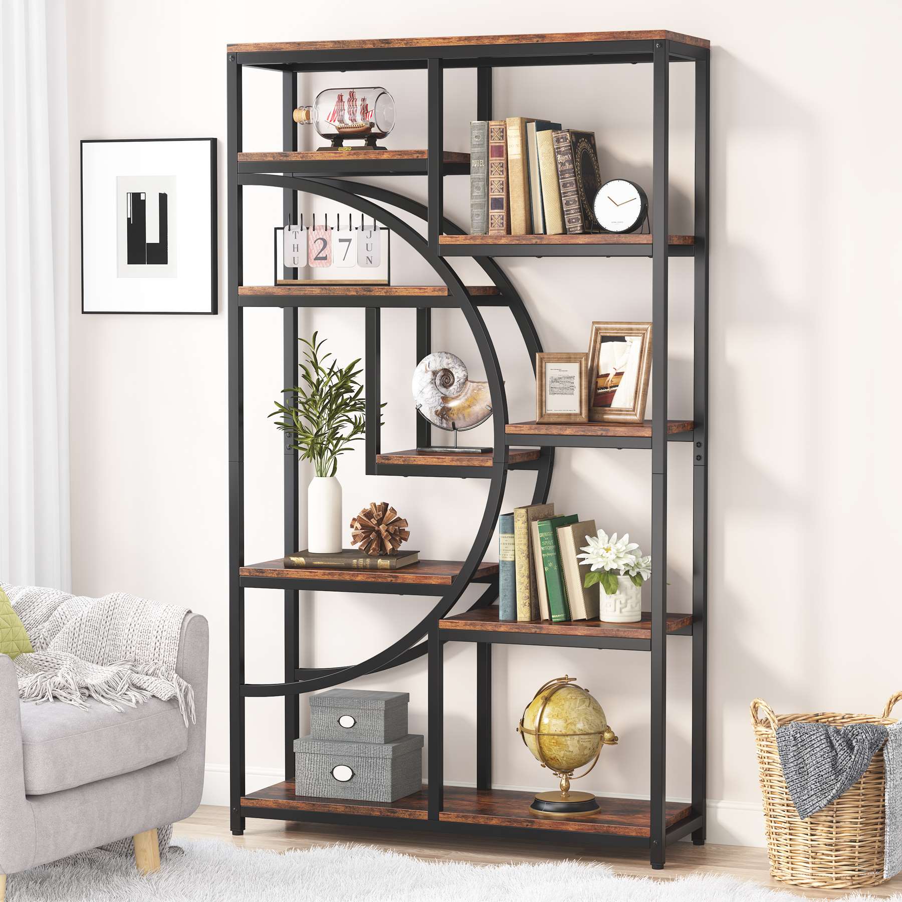 Freistehendes Bücherregal, 175 cm Etagere-Bücherregal mit 9 offenen Regalen