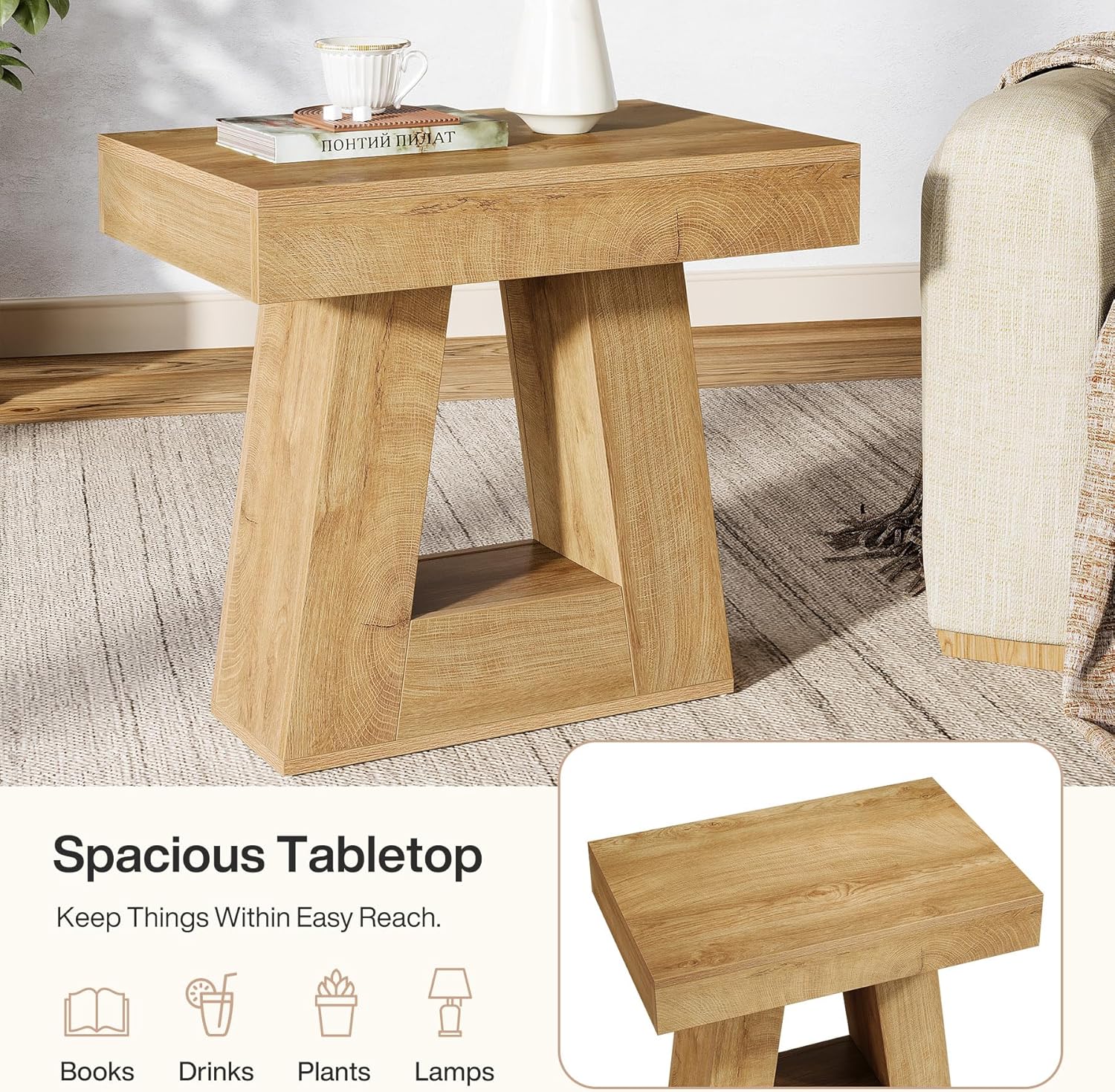 Moderner 2-ebiger Nachttisch mit Trapezfuß，Natürliche Holzoptik