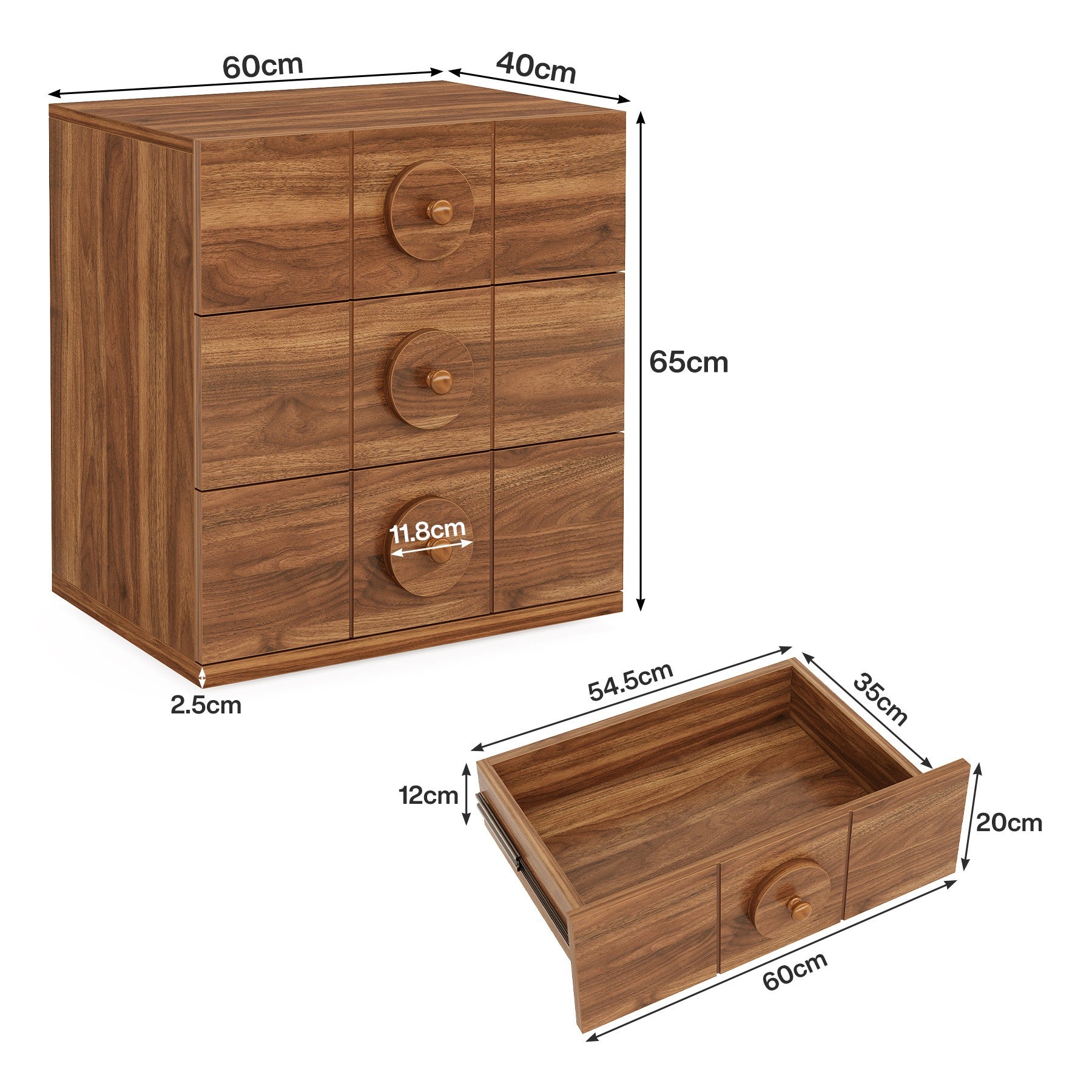 Nachttisch im Mid-Century Stil - 3 Schubladen mit Stauraum, Nussbaum-Optik
