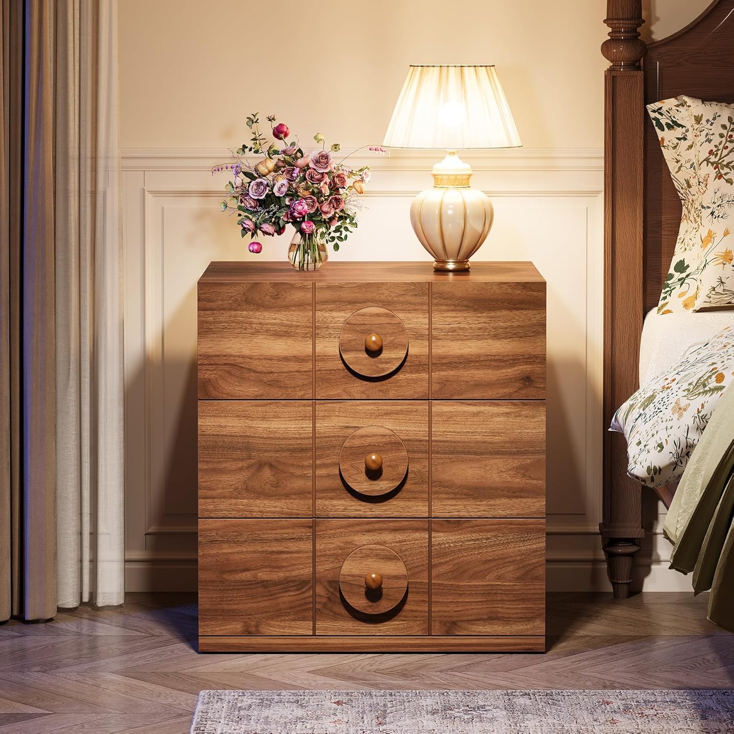 Nachttisch im Mid-Century Stil - 3 Schubladen mit Stauraum, Nussbaum-Optik