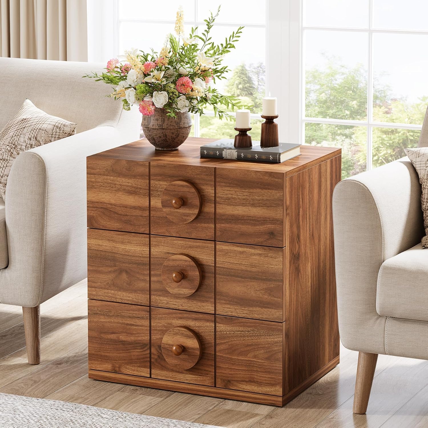 Nachttisch im Mid-Century Stil - 3 Schubladen mit Stauraum, Nussbaum-Optik