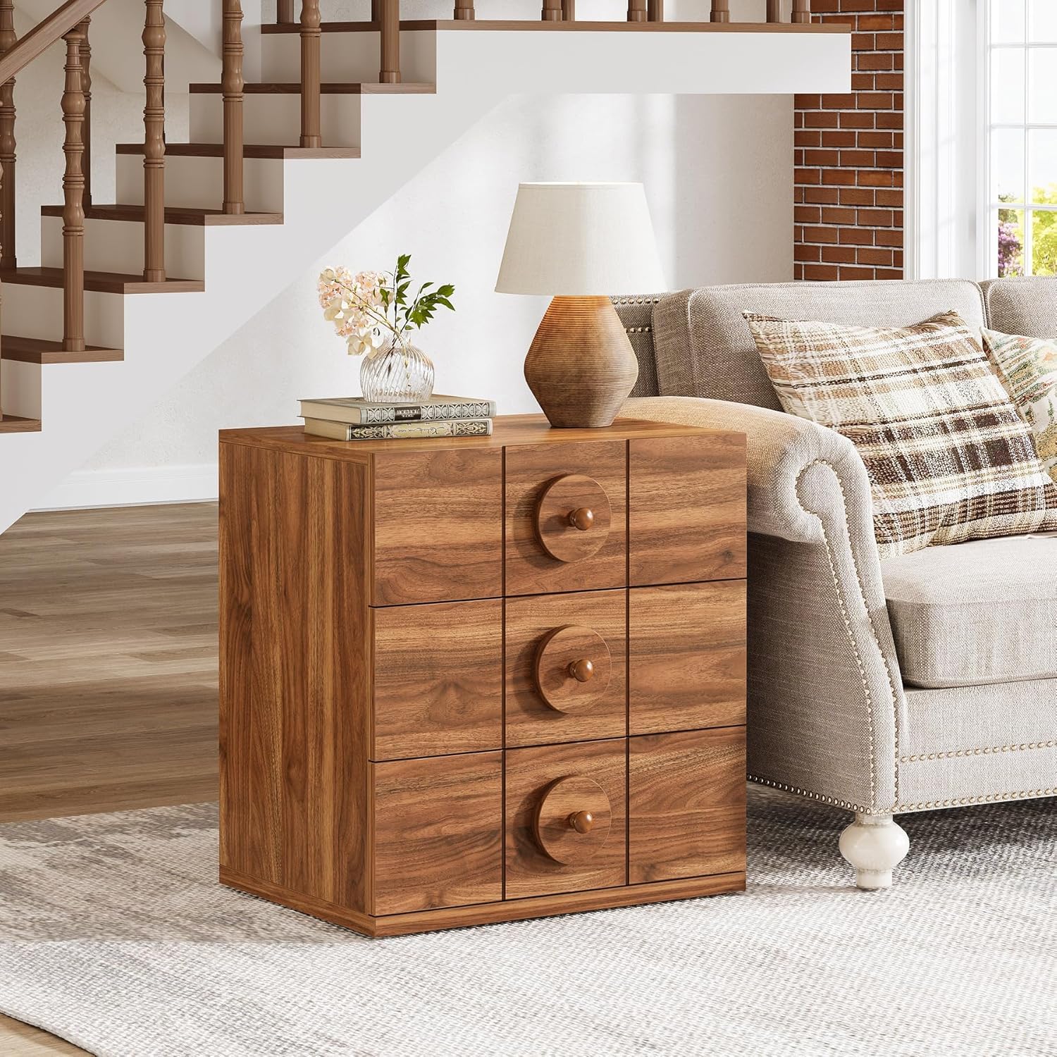 Nachttisch im Mid-Century Stil - 3 Schubladen mit Stauraum, Nussbaum-Optik