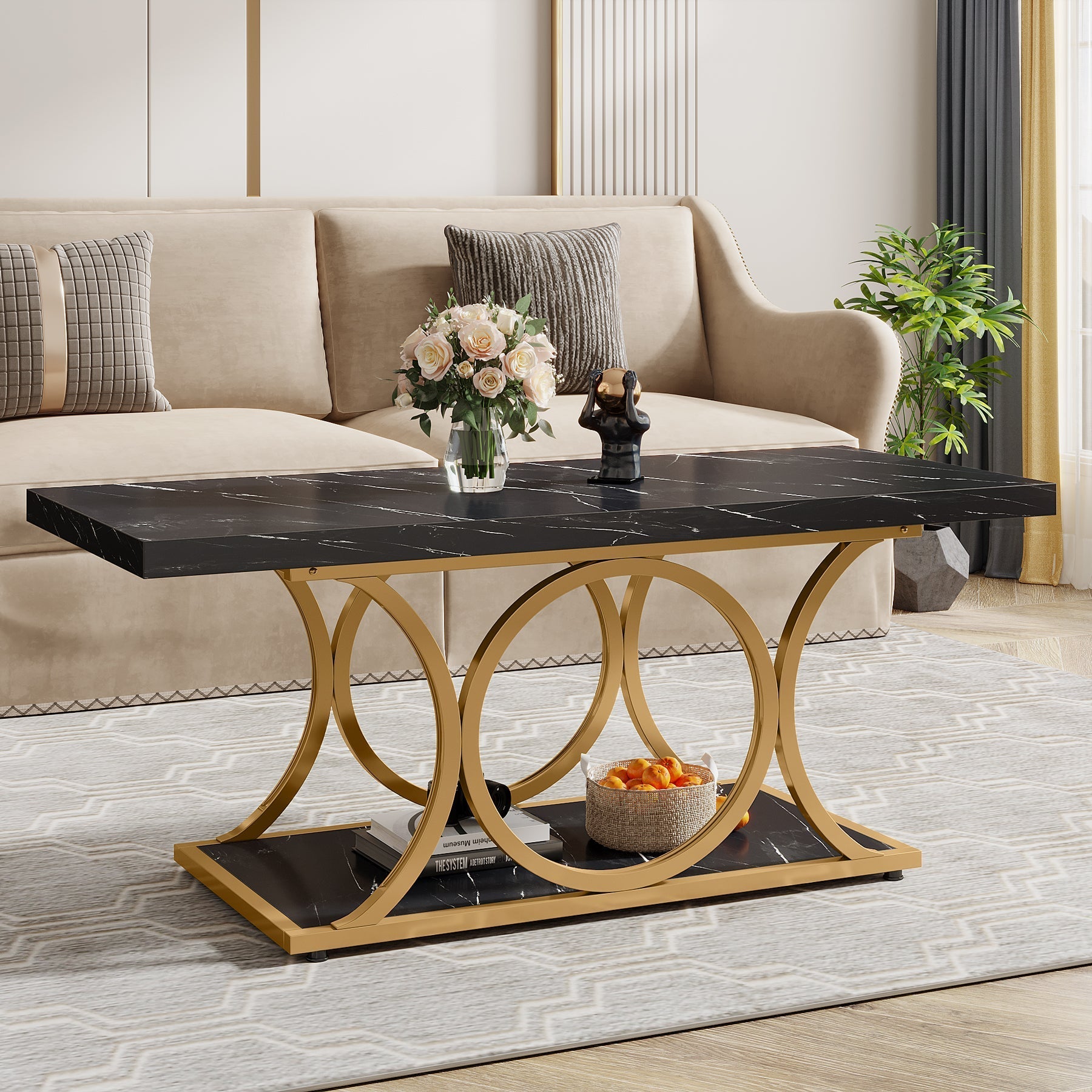 Rechteckiger Couchtisch, 120cm Mitteltisch mit Kunstmarmorplatte