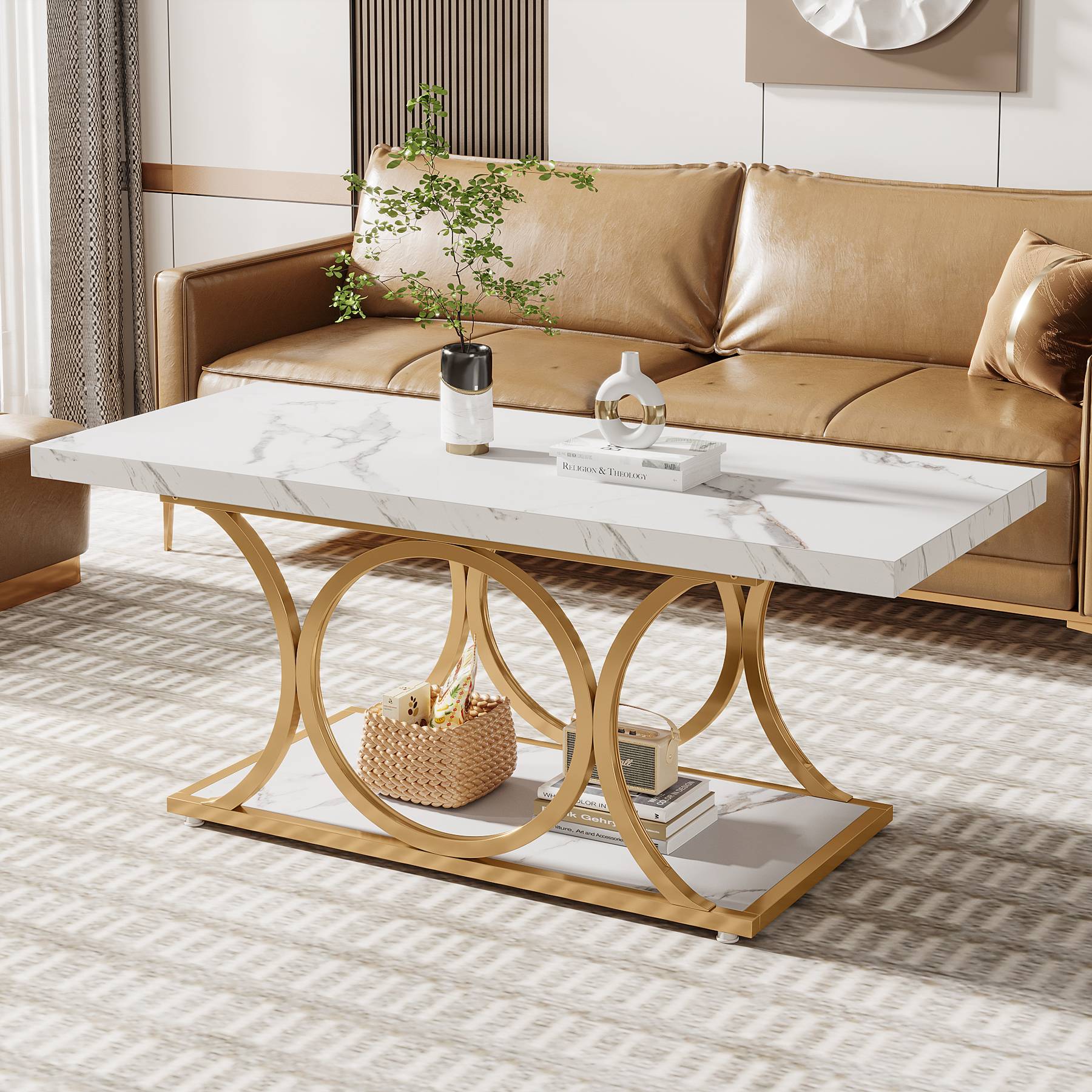 Rechteckiger Couchtisch, 120cm Mitteltisch mit Kunstmarmorplatte