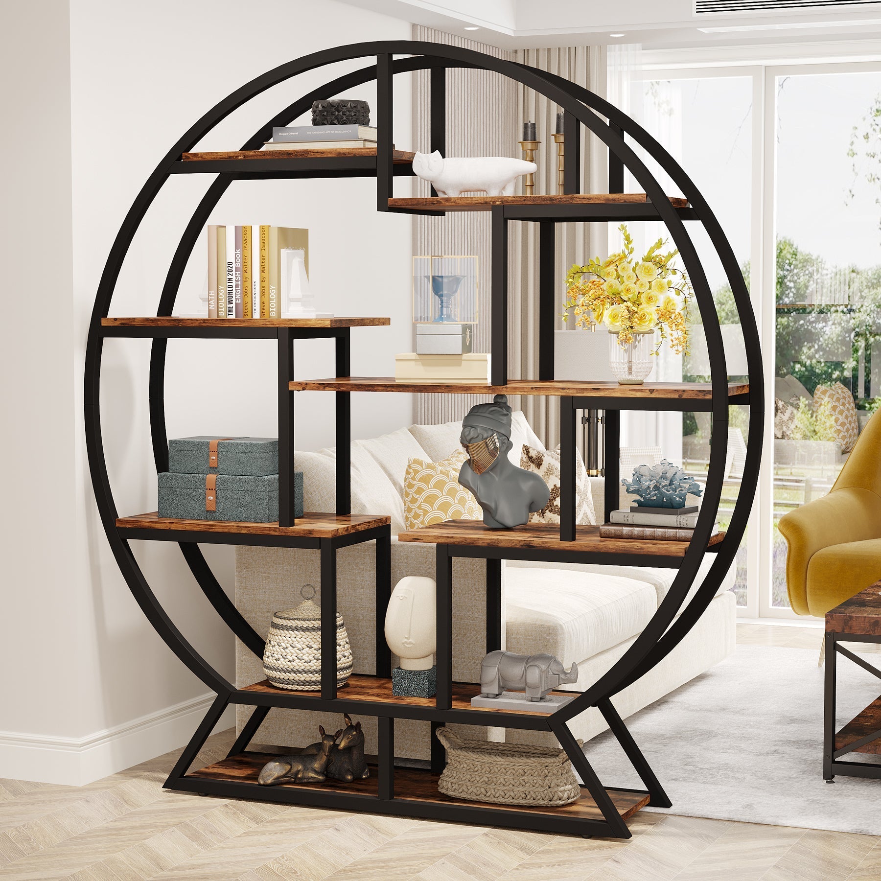 Rundes Bücherregal, 150cm Etagere-Bücherregal mit versetzten Regalen