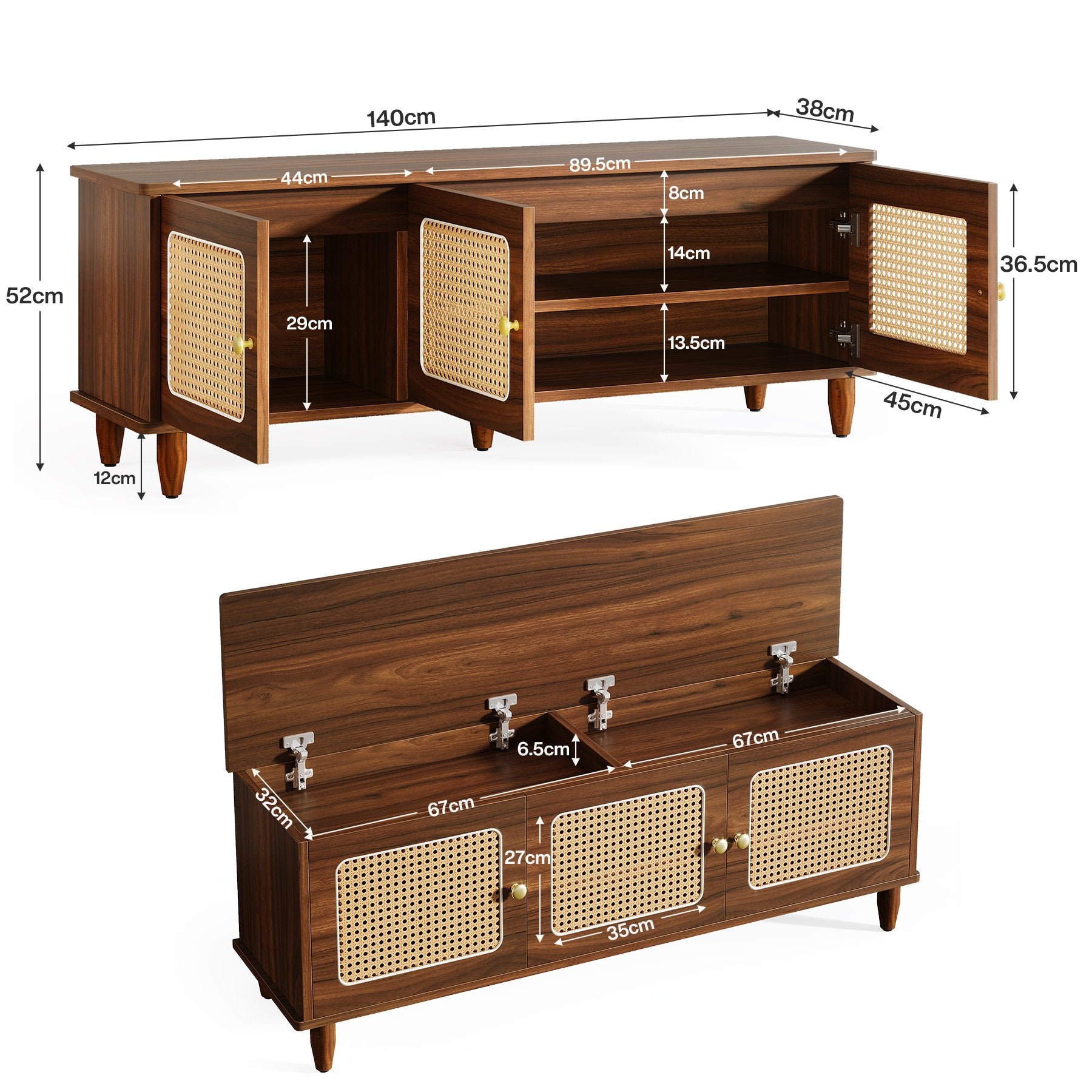 Schuhbank mit Klappsitz - 140 cm großer Schuhschrank mit Rattantüren & Stauraum