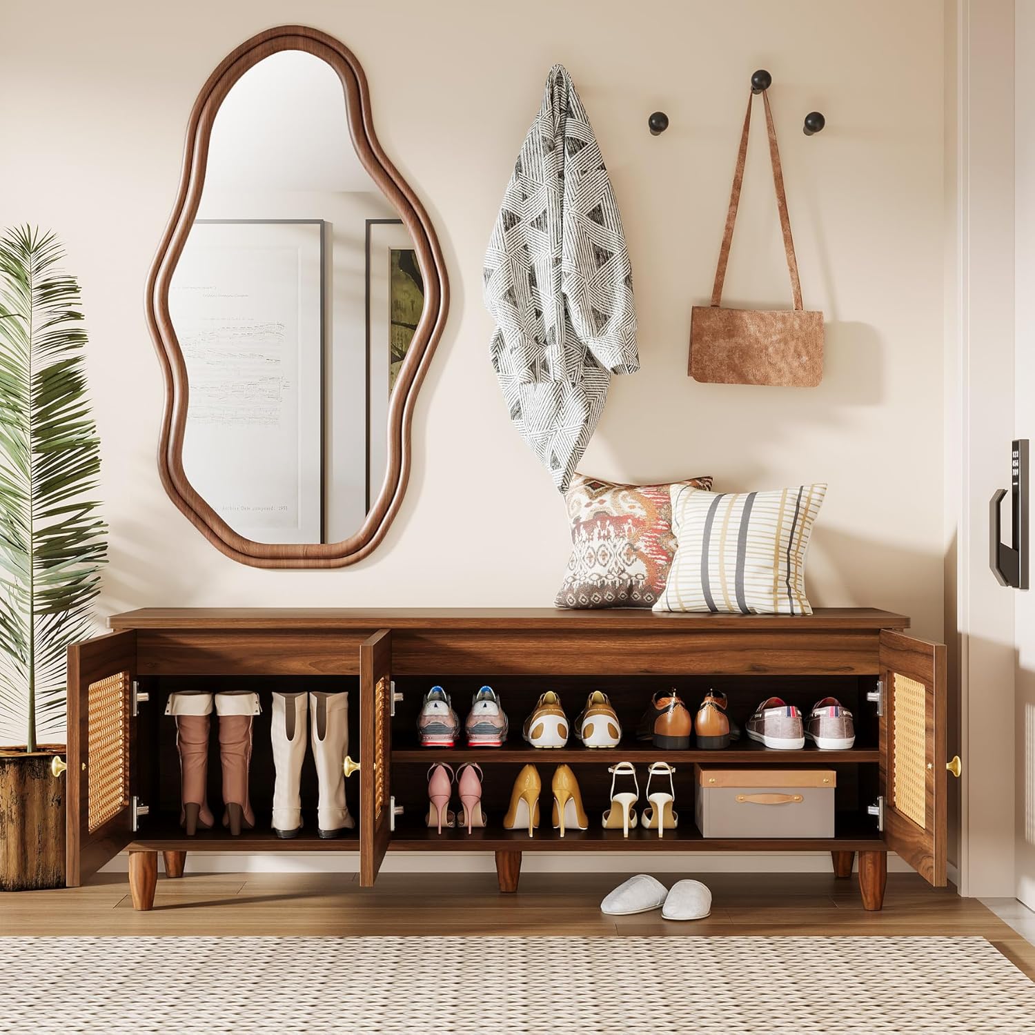 Schuhbank mit Klappsitz - 140 cm großer Schuhschrank mit Rattantüren & Stauraum
