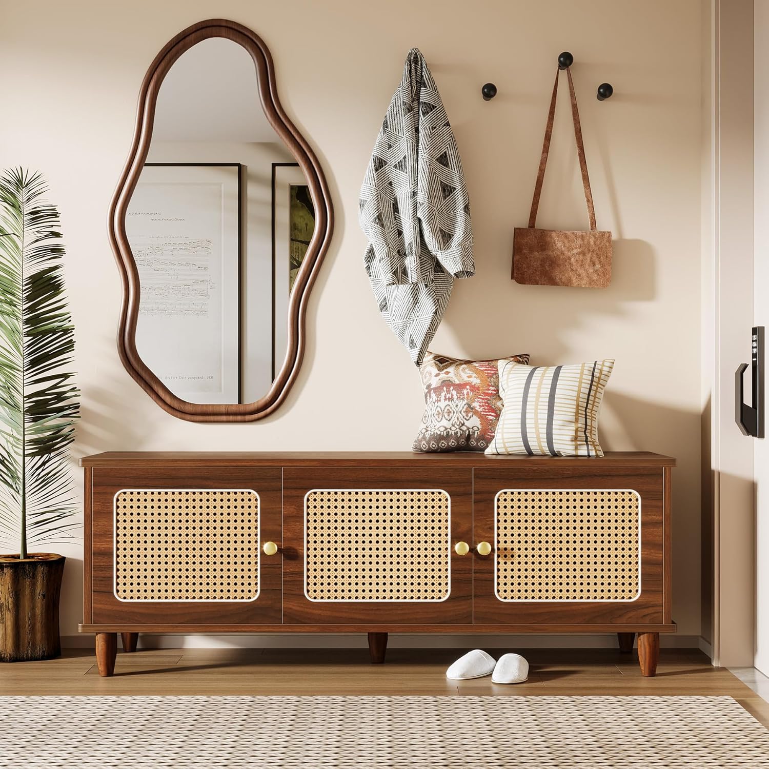 Schuhbank mit Klappsitz - 140 cm großer Schuhschrank mit Rattantüren & Stauraum