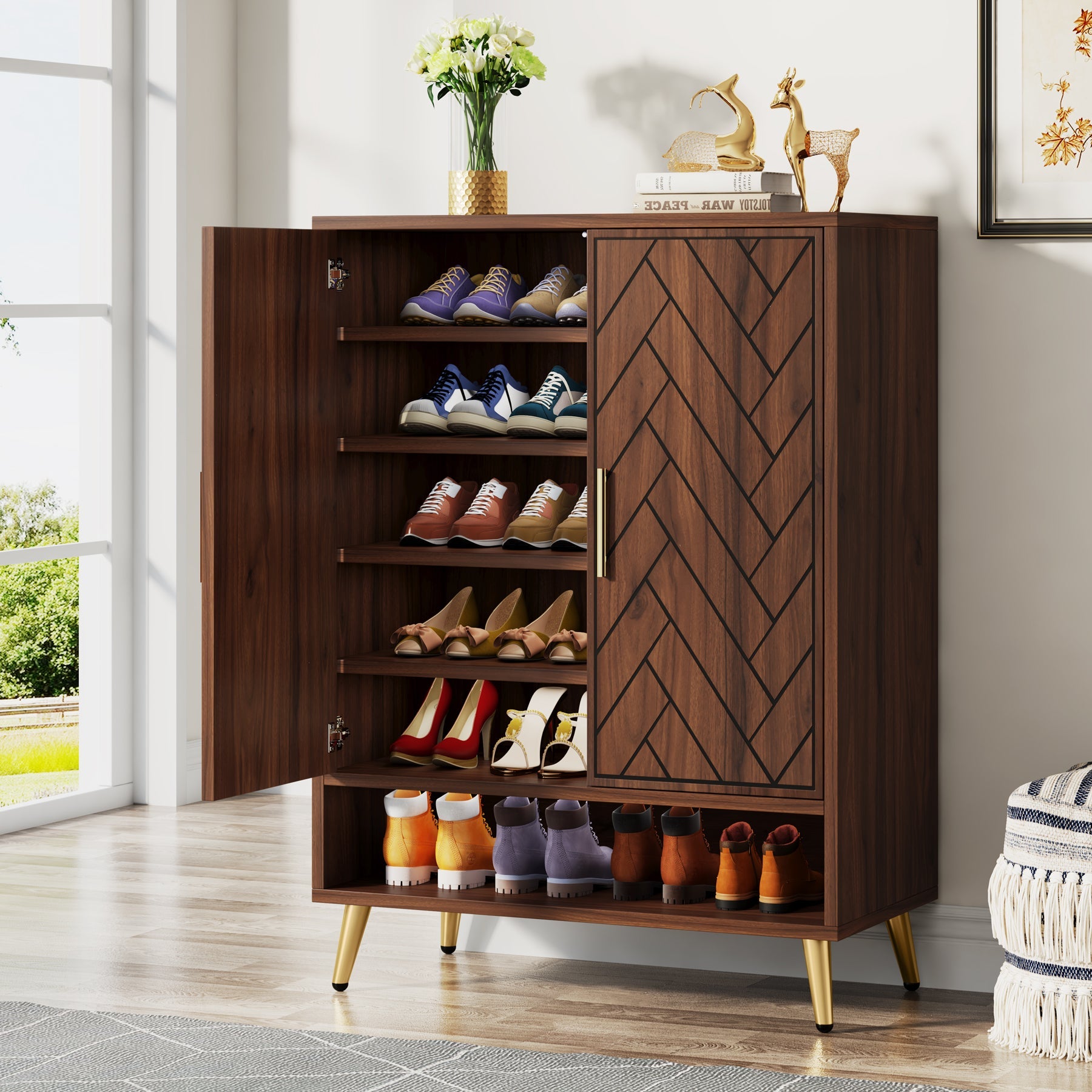Schuhschrank aus Holz, 6-stöckiger Schuh-Organizer mit verstellbaren Regalen