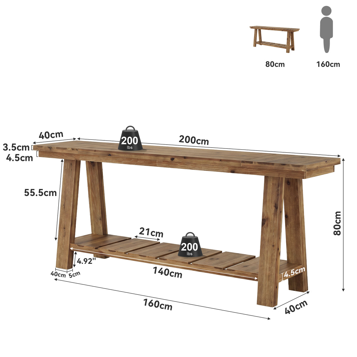 Tribesigns Massivholz Konsolentisch 200 cm, schmaler Flurtisch mit 2 Ablagen