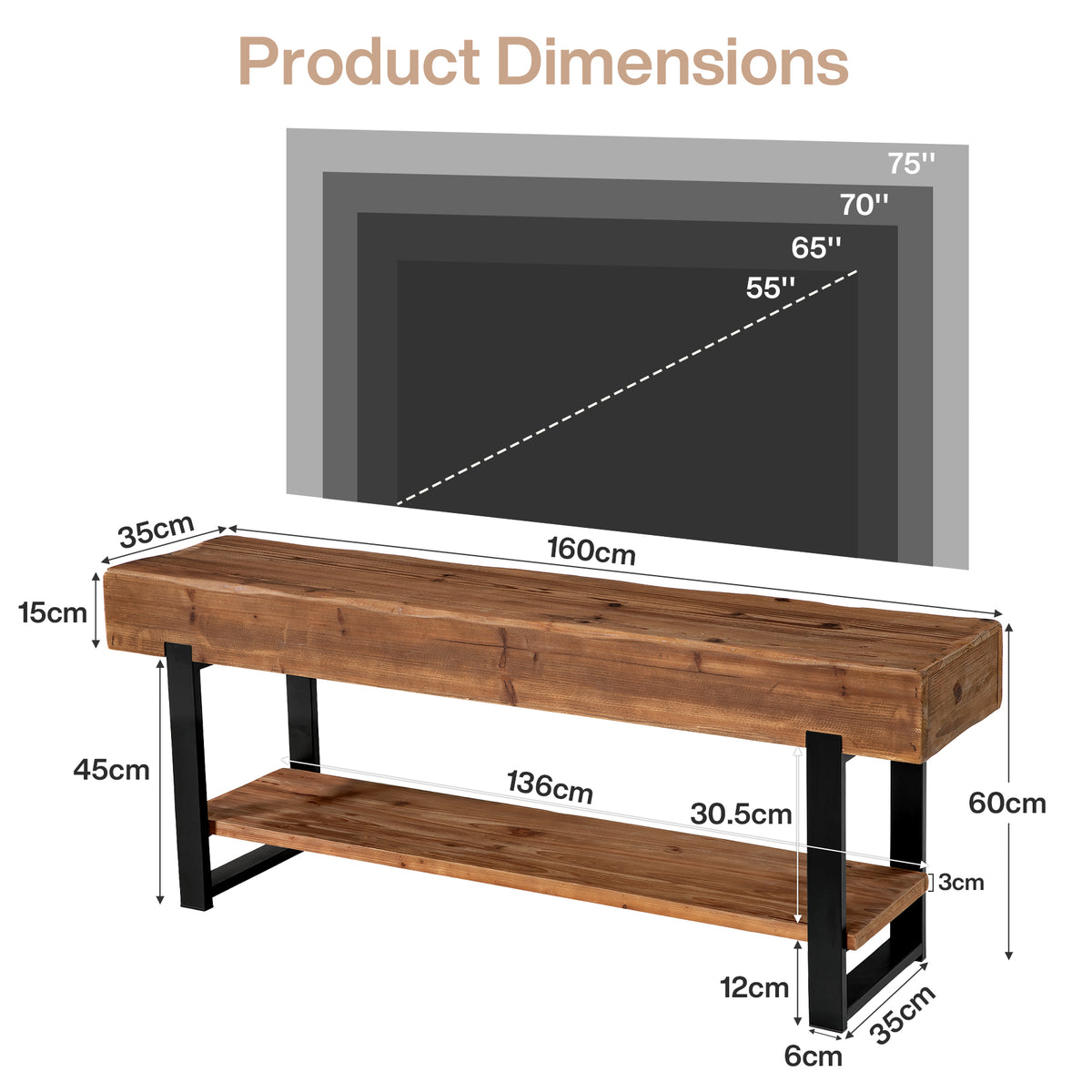 Tribesigns TV-Lowboard 160 cm aus Massivholz, TV-Board mit Baumkante und Ablage