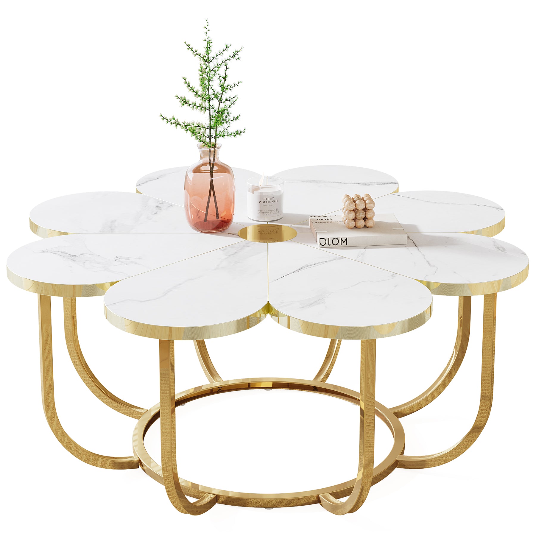 Moderner Couchtisch, blumenförmiger Mitteltisch mit Tischplatte aus Kunstmarmor