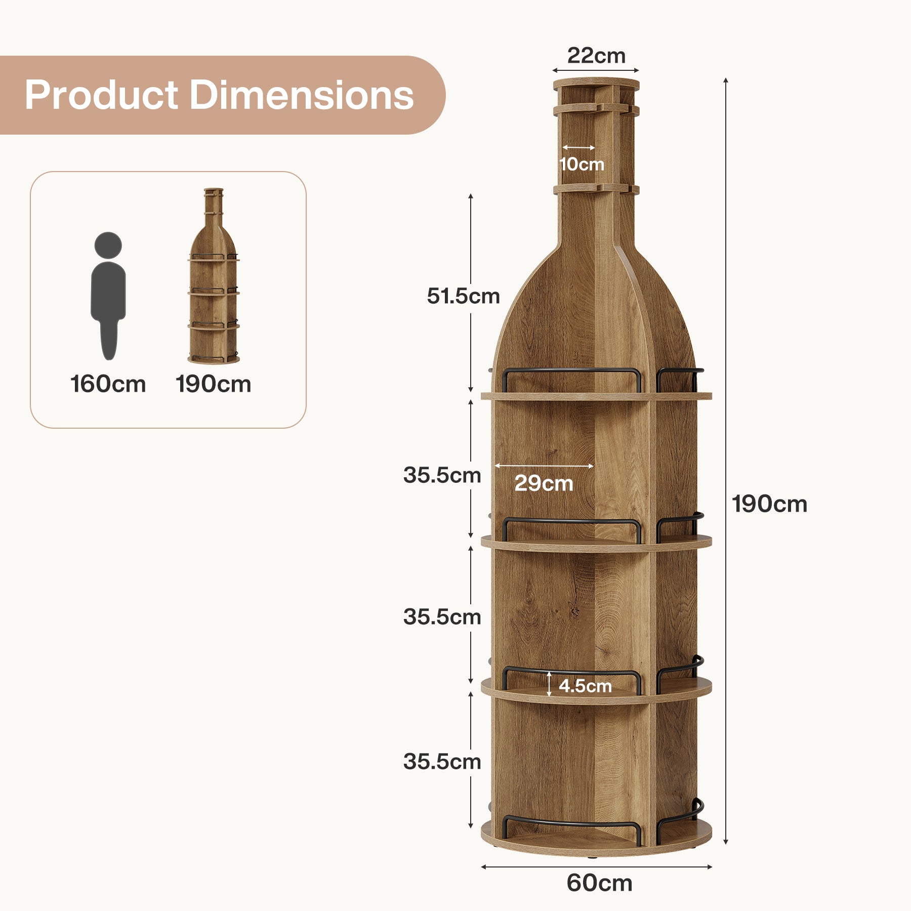 190 cm Hohes Weinregal mit Ablagen, Rundes Industrie-Weinregal mit Gläserhalter, Freistehender Barschrank