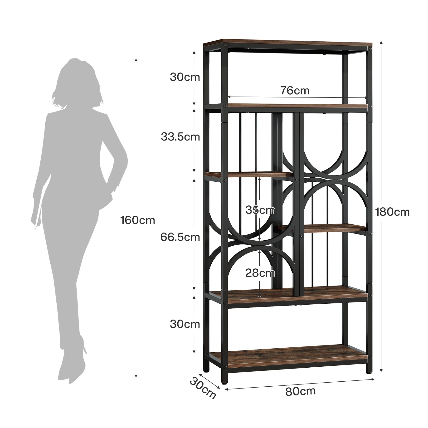 5-stöckiges Bücherregal, industrielles 180 cm Etagere-Bücherregal-Ausstellungsregal