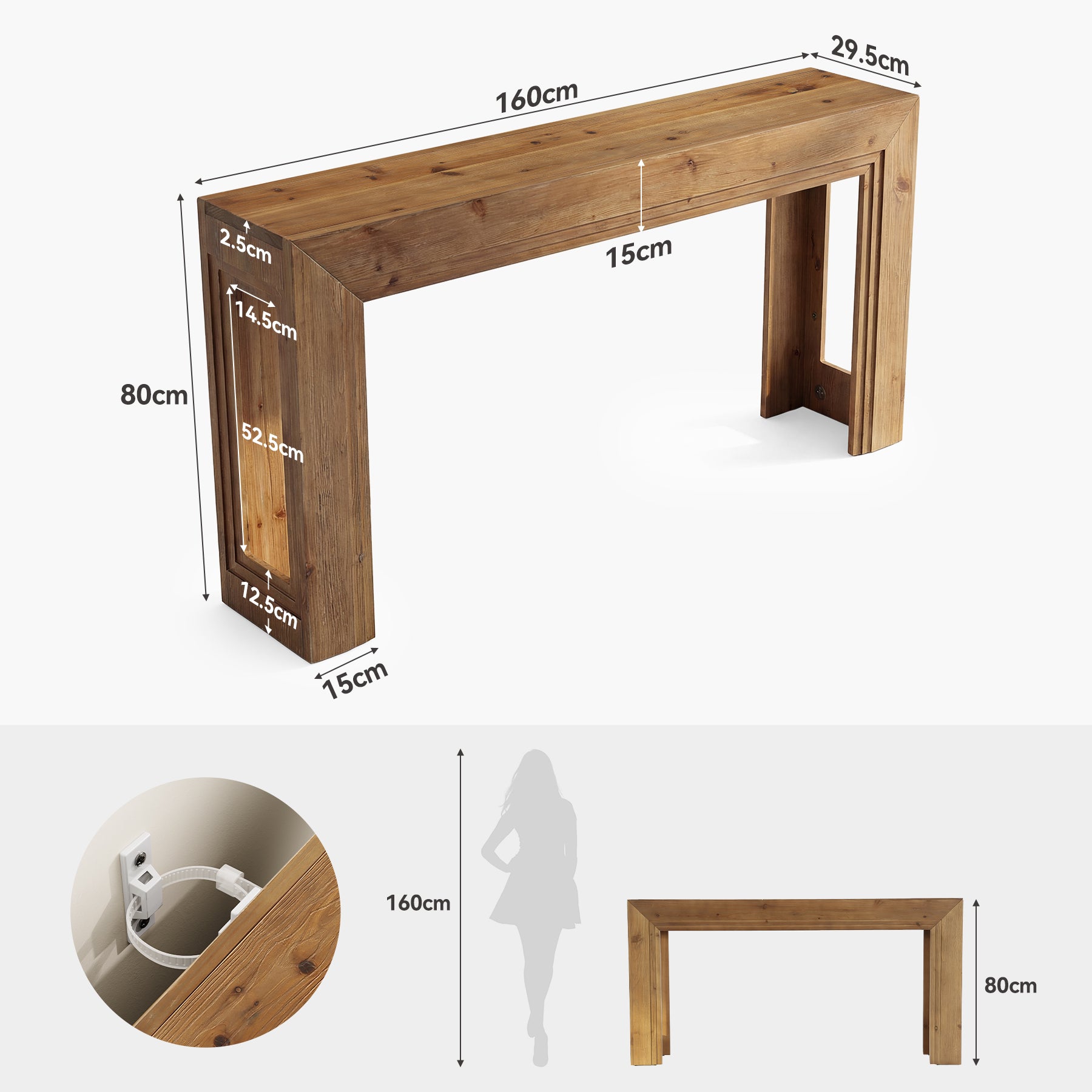 Schmaler Konsolentisch 160 cm, 2-stufiger Sofatisch mit Stauraum für Wohnzimmer & Eingangsbereich
