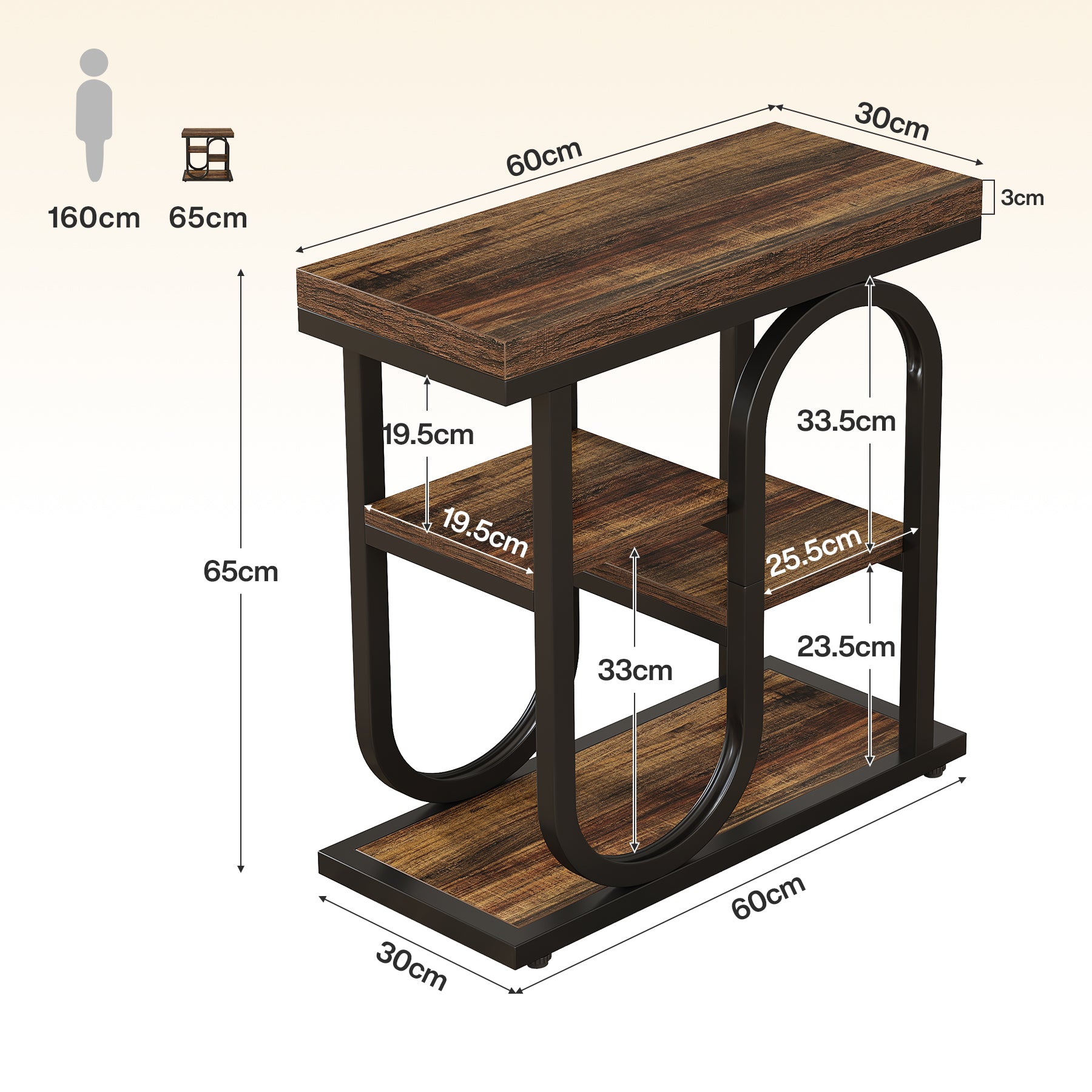 Tribesigns Schmaler Beistelltisch mit 4 Ablagen, Nachttisch im Industrial-Stil mit Metallgestell