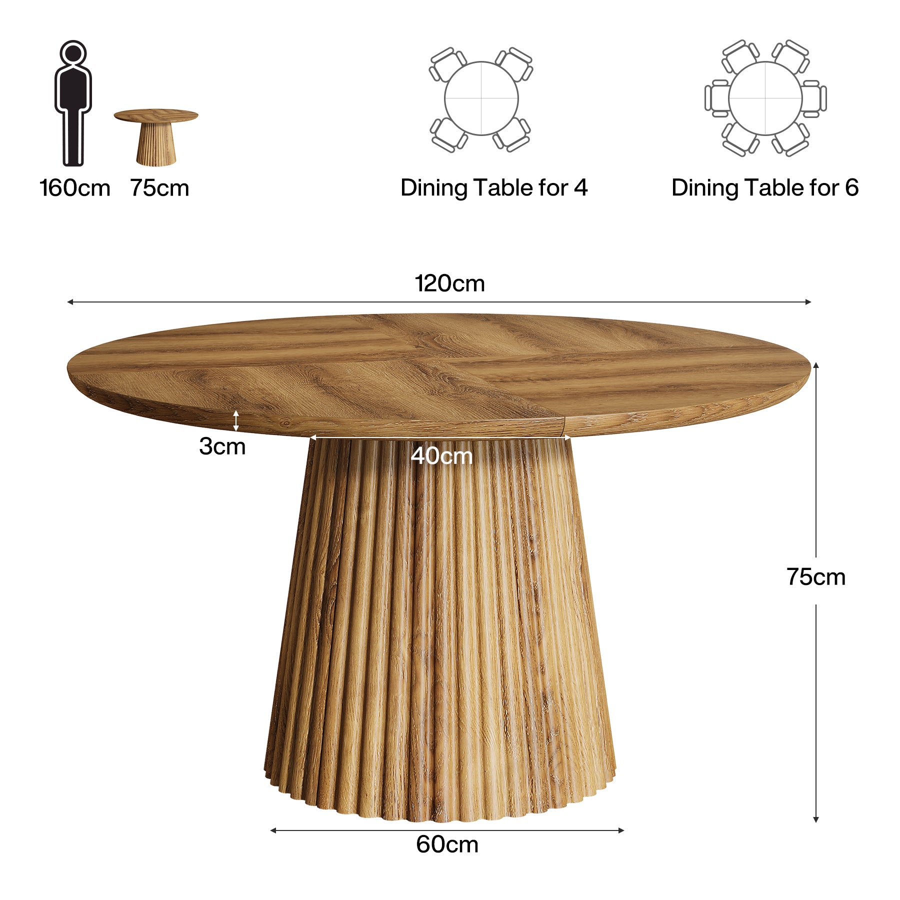 Runder Esstisch 120 cm aus Holz, Landhaus-Küchentisch für 4–6 Personen mit geriffeltem Sockel