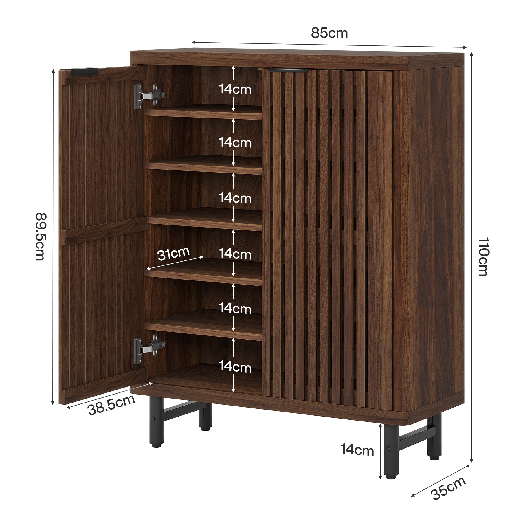 6-stöckiger Schuhschrank aus Holz mit Lamellentüren und verstellbaren Regalen