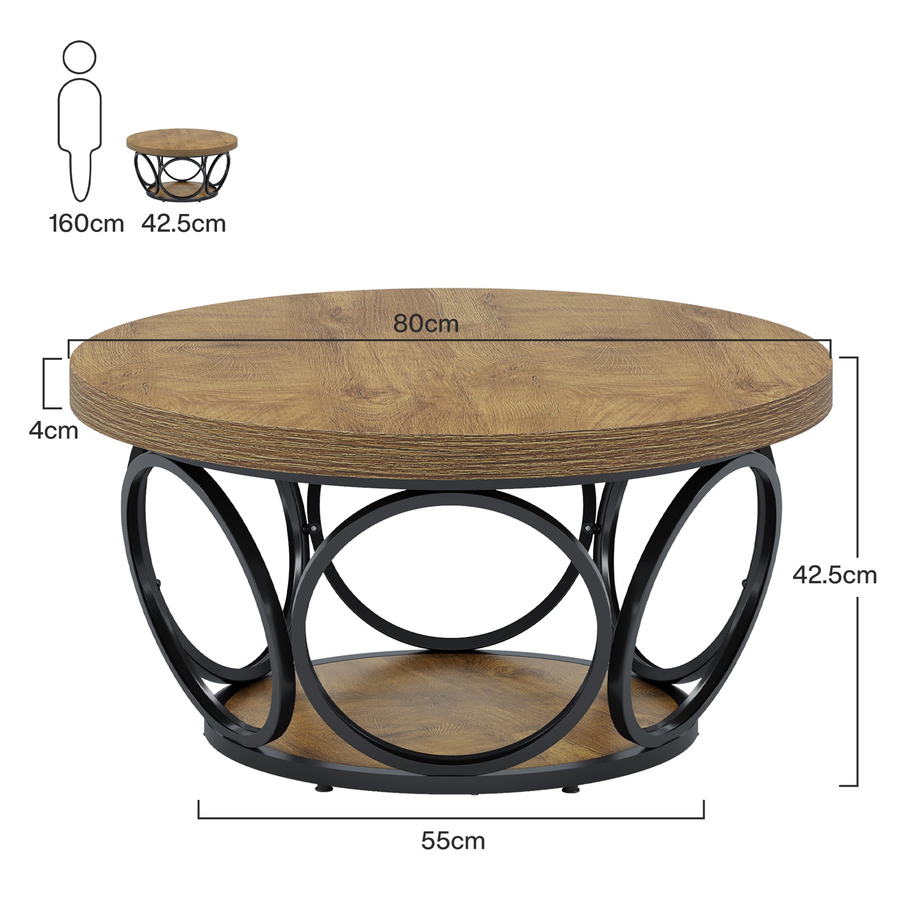 80 cm Runder Holztisch, 2-Ebenen Lagerung, Moderne Einfache Braune Teetisch