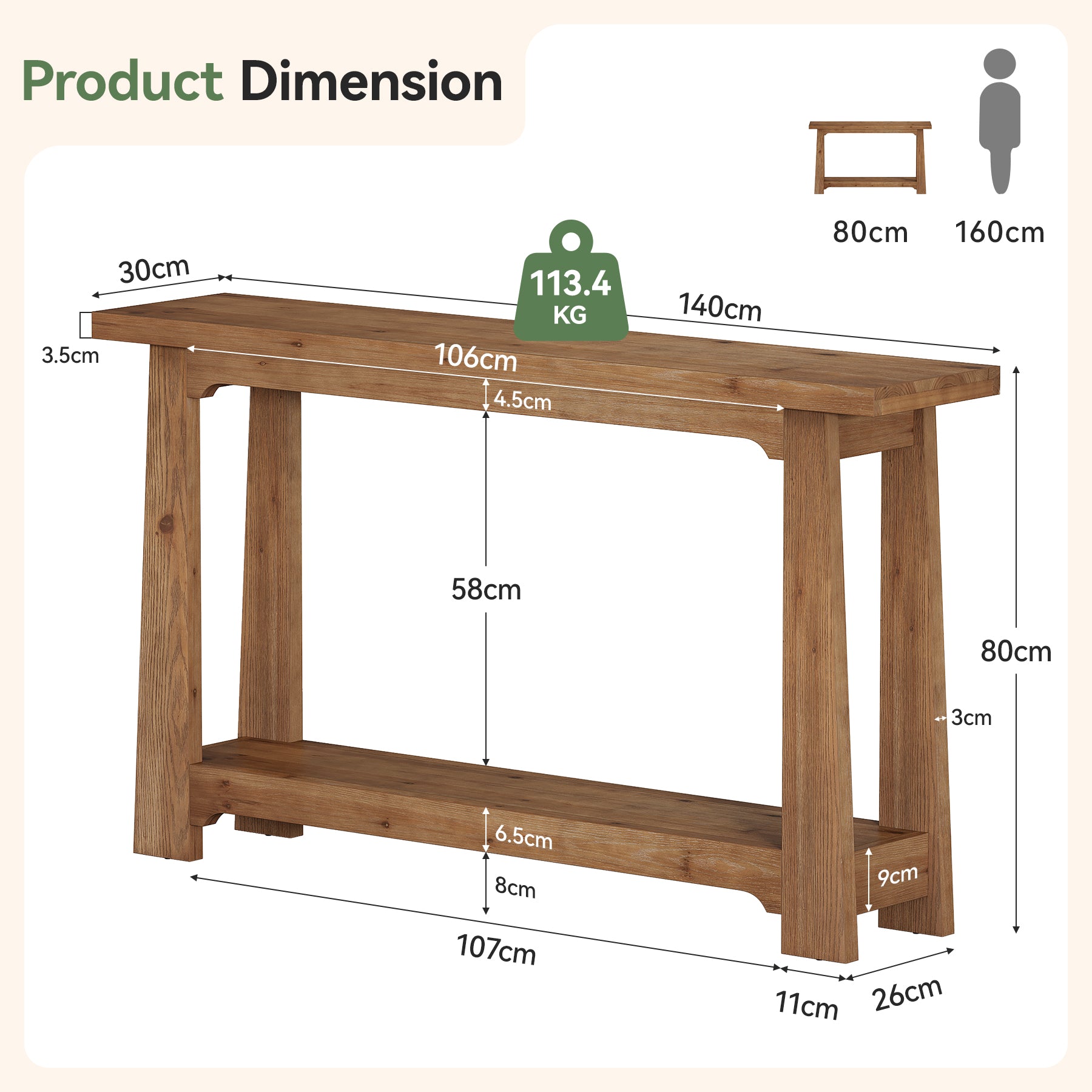 Tribesigns Massivholz Konsolentisch 140 cm mit Ablagefläche, schmaler Flurtisch aus Tannenholz