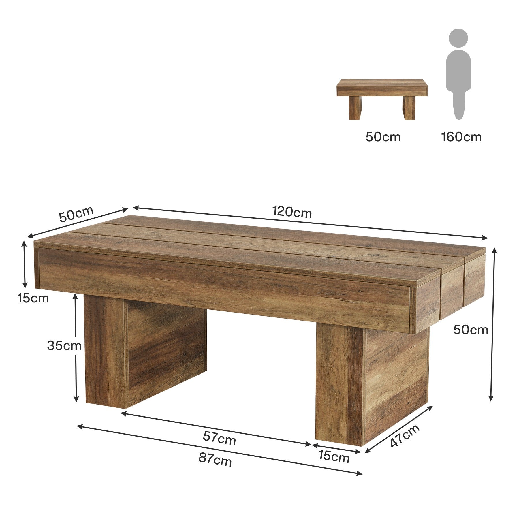 120 cm Bauernhaus-Couchtisch mit Snacktisch-Funktion