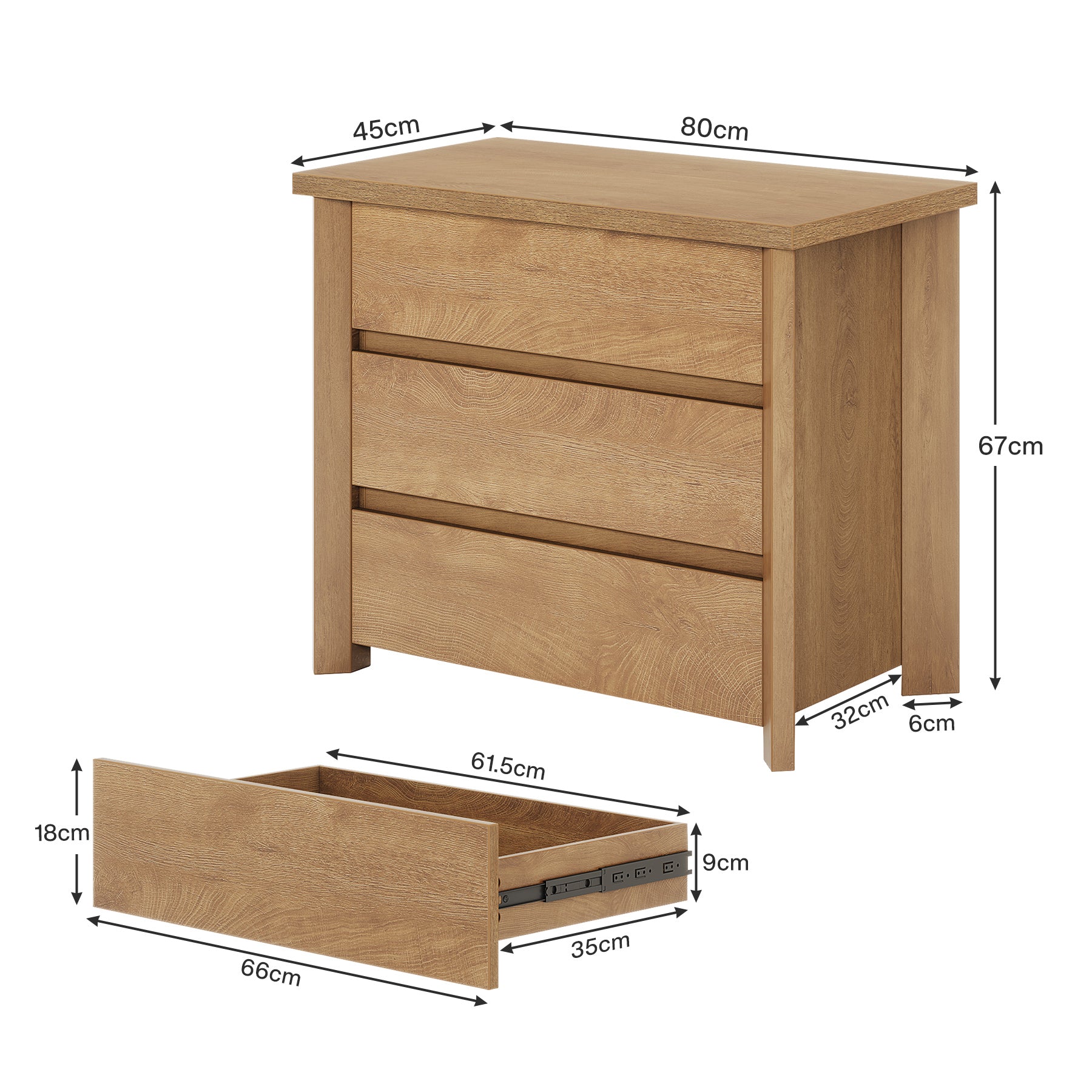 Landhaus-Nachttisch aus Holz mit 3 Schubladen