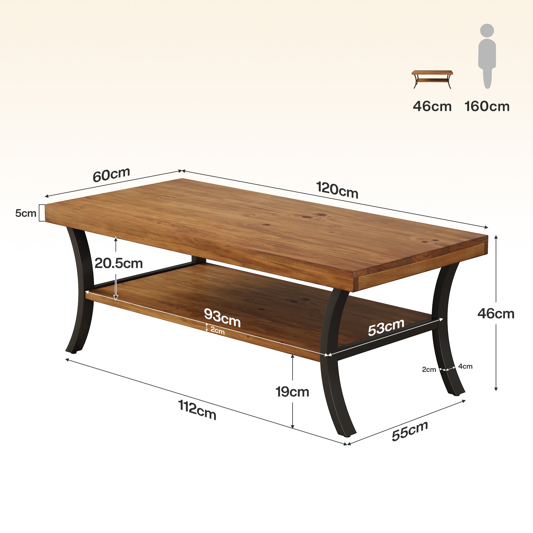 Tribesigns Massivholz Couchtisch 120 cm mit Ablage, 2-stufiger Wohnzimmertisch mit geschwungenen Metallbeinen