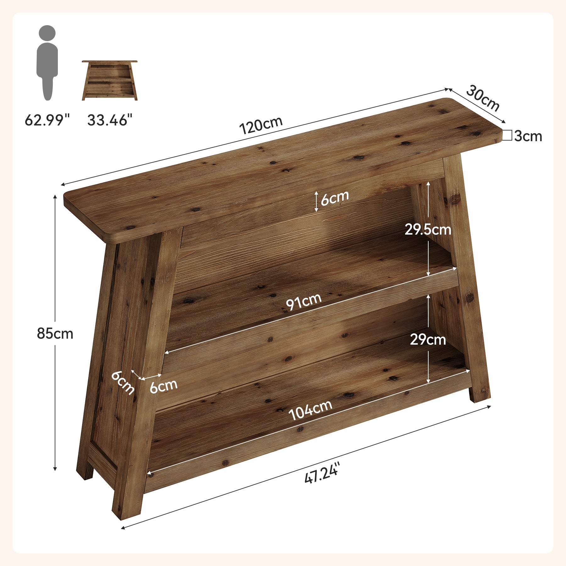 Tribesigns Massivholz Konsolentisch 120 cm, 3-stöckiger Flurtisch im Landhausstil mit Ablagen