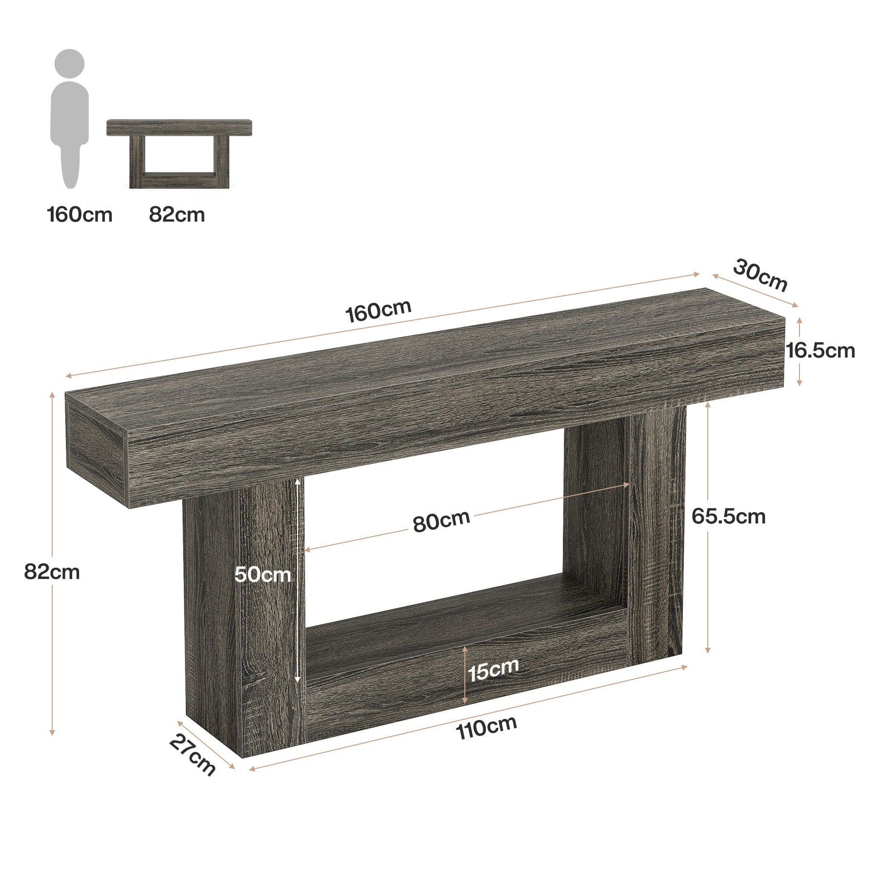 160 CM Konsolentisch aus Holz, Bauernhaus-Sofatisch mit 2 Ebenen, Eingangstisch