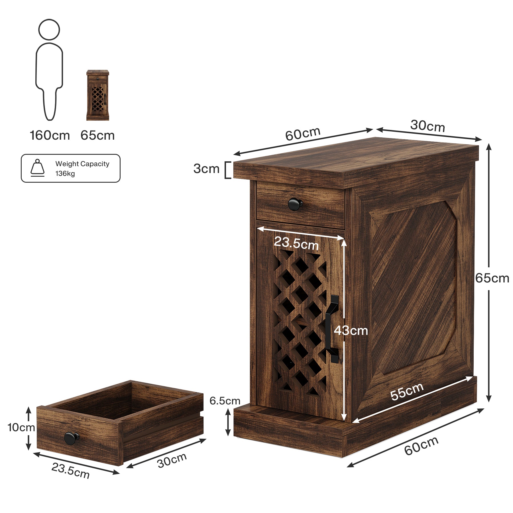 Schmaler Beistelltisch mit Schublade und Schrank, Landhaus-Nachttisch für Wohnzimmer & Schlafzimmer