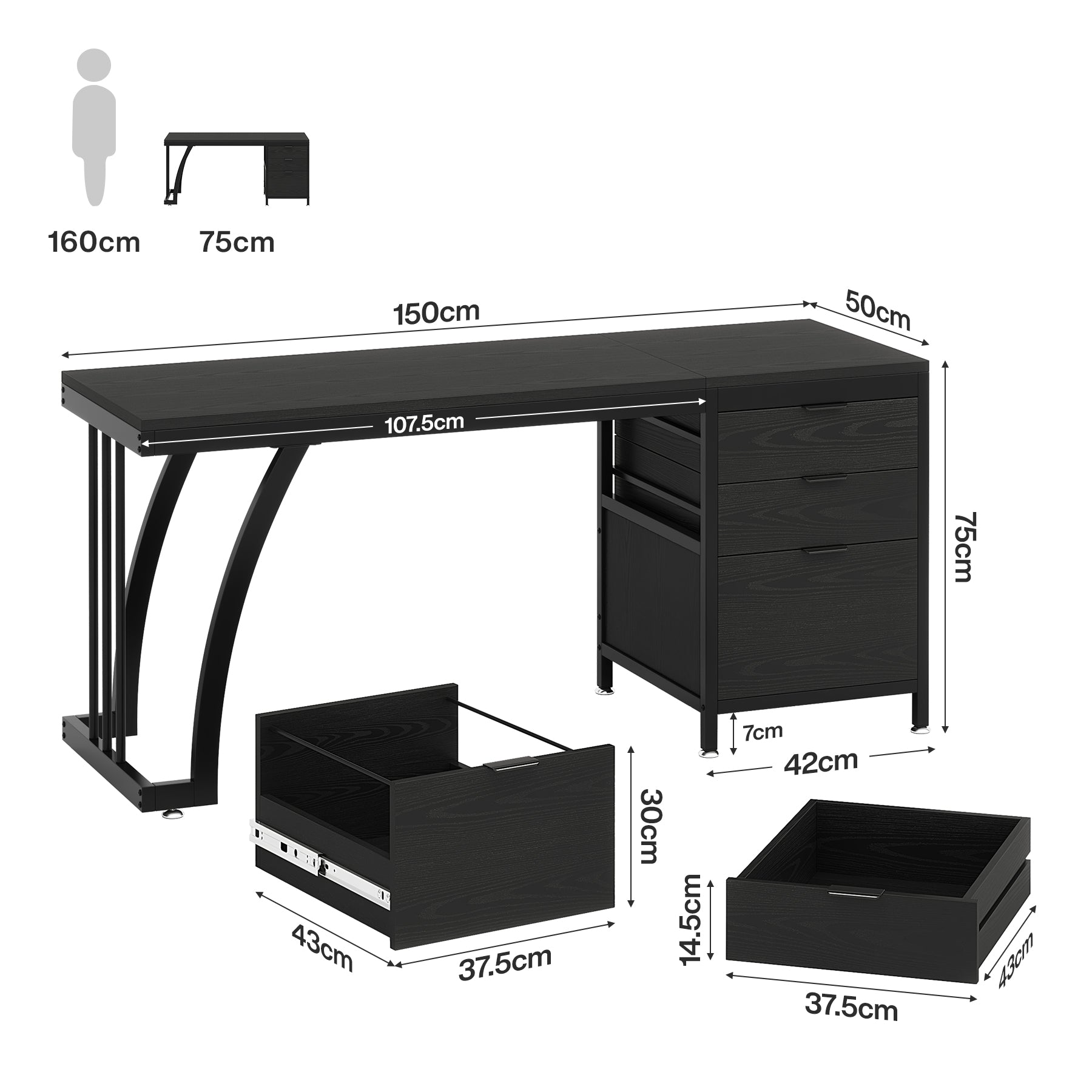 Industrieller Computertisch, 150 cm Schreibtisch mit umkehrbarem Schubladenschrank