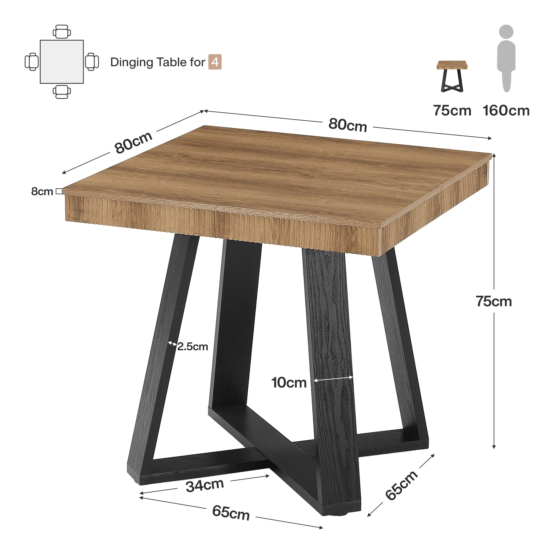 Tribesigns Kleiner Esstisch 80x80 cm quadratisch für 2–4 Personen, platzsparender Küchentisch mit X-Gestell