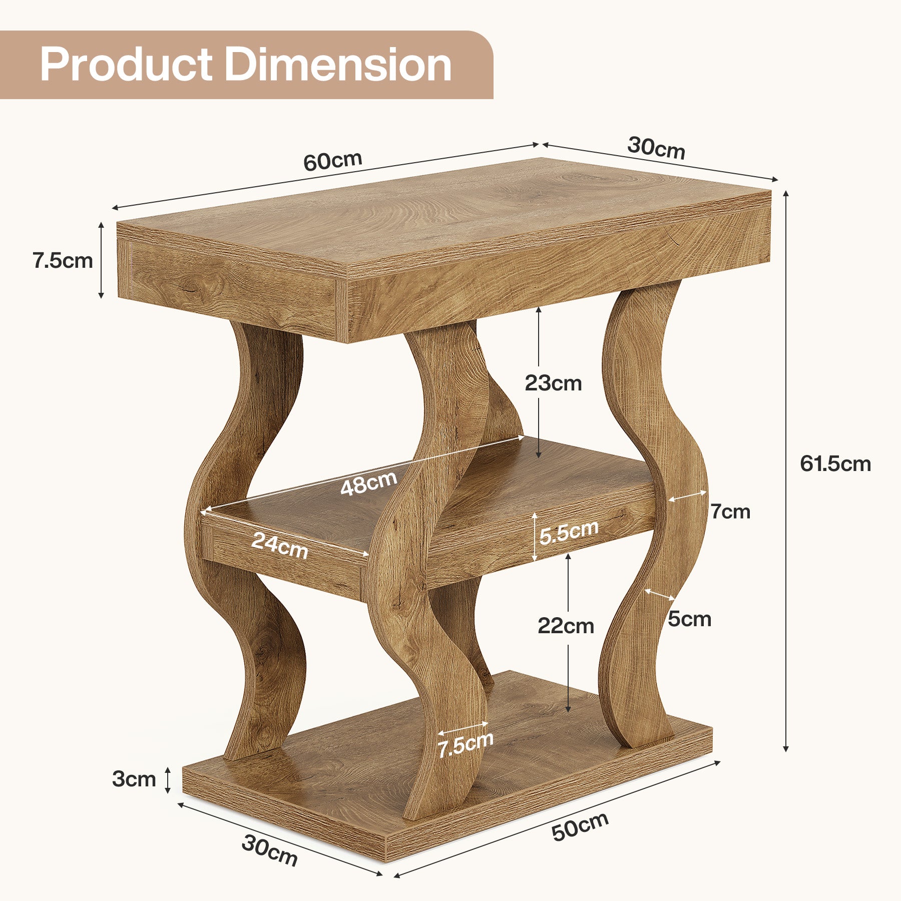 Tribesigns Beistelltisch Landhausstil 61 cm, Schmaler 3-stufiger Nachttisch mit Stauraum