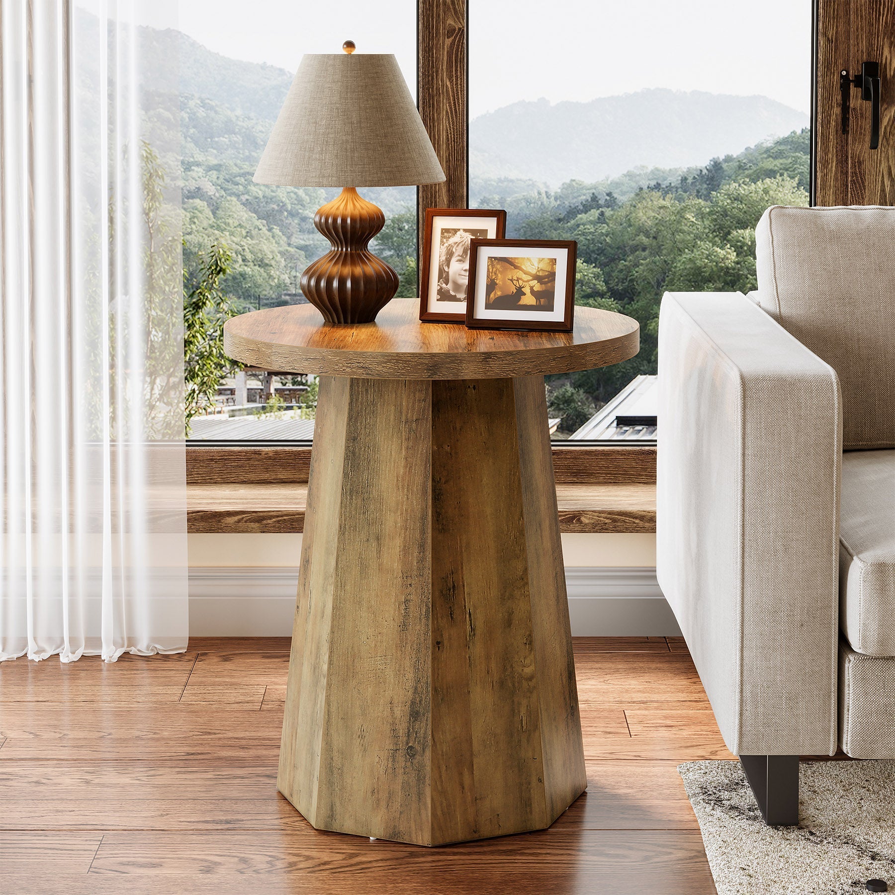 Runder Beistelltisch, Couch-Beistelltisch aus Holz mit achteckigem Sockel