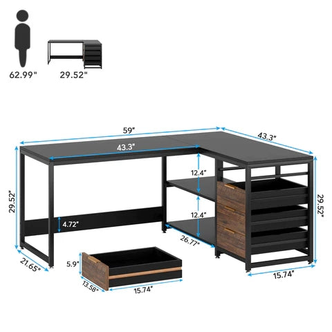 150 cm L-förmiger Schreibtisch, umkehrbarer Eckschreibtisch mit Schubladen und Regalen