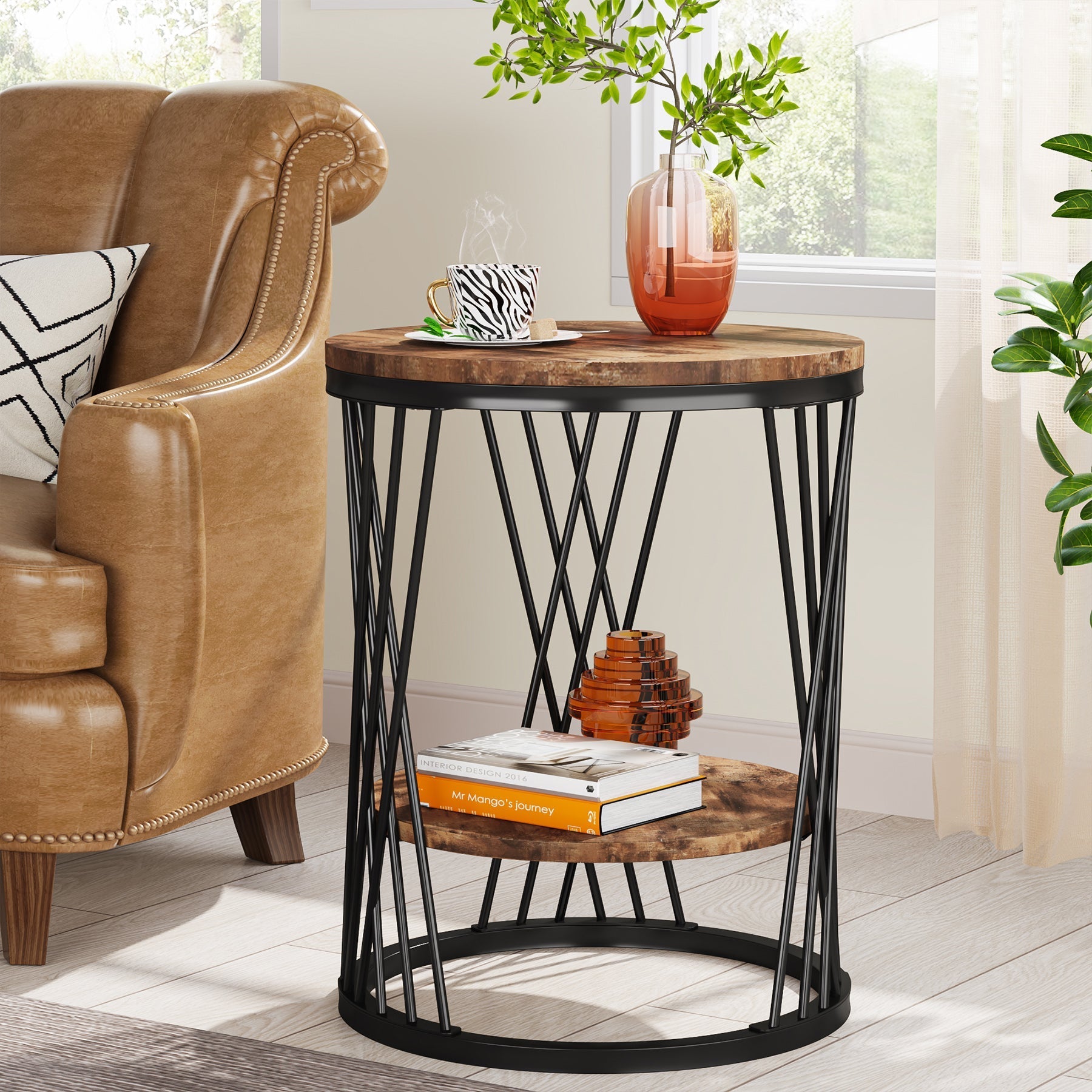 End Table, 2-Tier Round Bedside Table with Faux Marble Shelves Tribesigns
